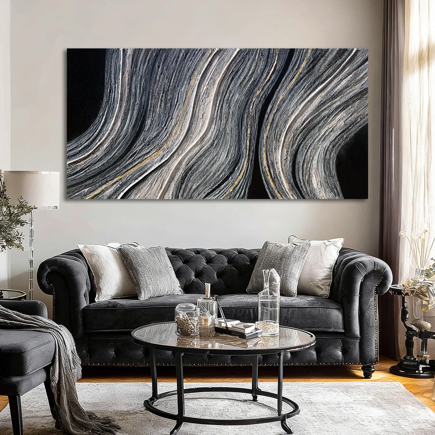ZUNARE Modern Abstract Canvas Wall Art with Blue Gray and gold Linear Design, Minimal Tonal Artwork Creating a Peaceful Atmosphere for Bedroom Living Room Office Kitchen 24"x48"
