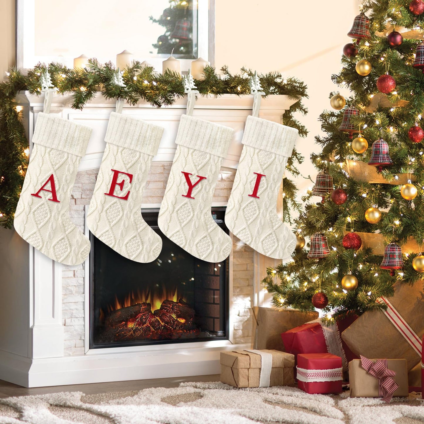 Yoochee 21 Inches Knitted Christmas Stockings with Initials, Large White Custom Monogram Embroidery Christmas Stockings with Letter, Personalized Xmas Decoration for Holiday Family Party-A