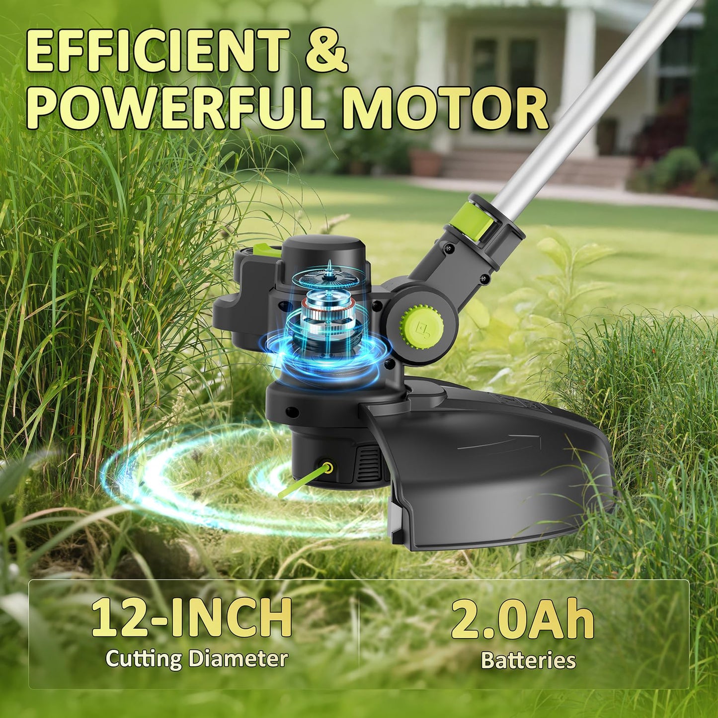 20V Cordless String Trimmer, Two 2.0Ah Battery Powered with Fast Charger, 12'' Grass Cutter with Auto Line Feed, 3-in-1 Electric Lawn Mower Grass Trimmer&Edger Lawn Tool with 8 Lines for Yard, Garden