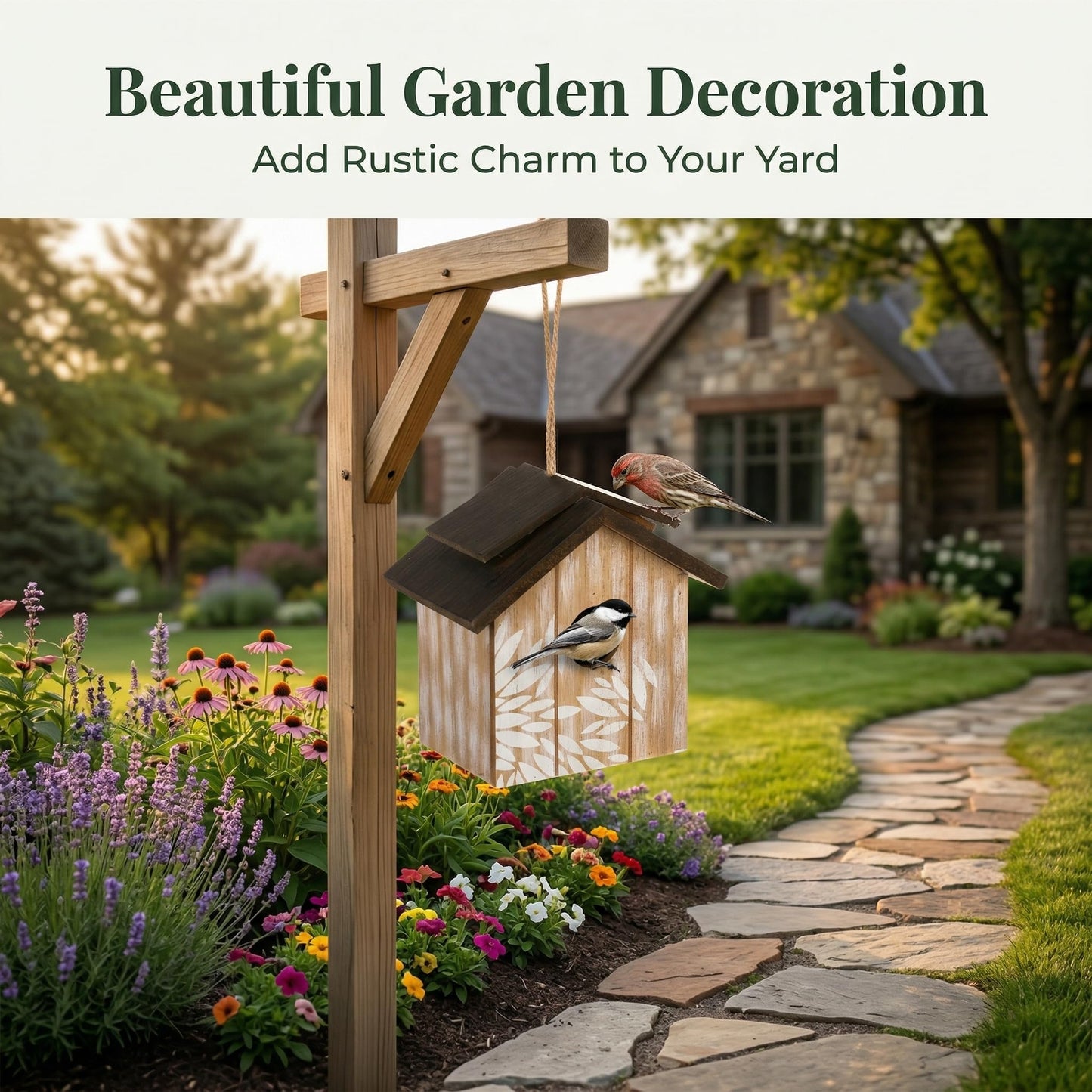 Topadorn Wooden Bird House Hanging Outdoor,Eco Friendly Materials and Decorative with Leaves Printed