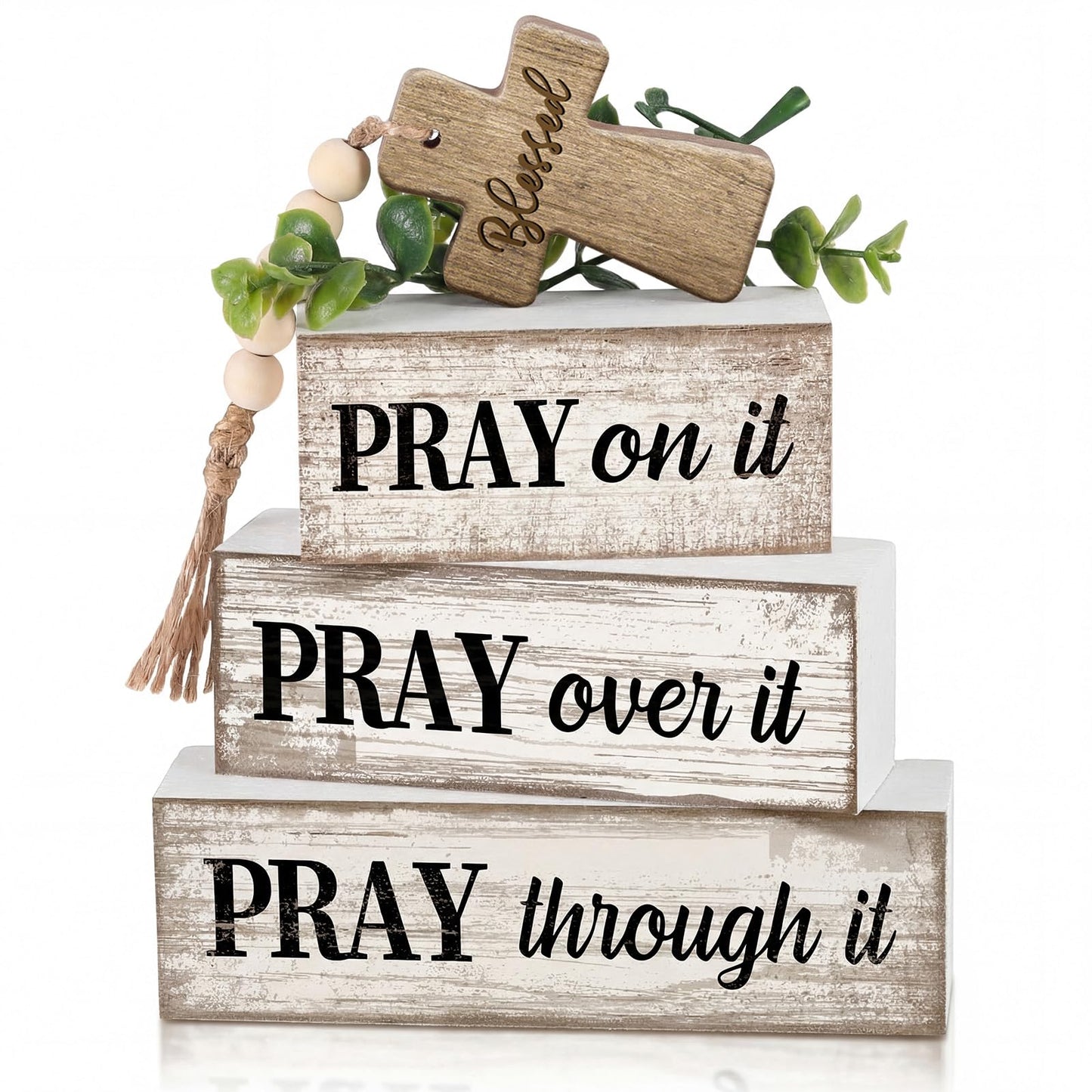 Moucuny 4 Pcs Christian Table Decor Wooden Cross Wooden Bible Verse Sign Inspirational Religious Christian Centerpiece Pray Block Signs Farmhouse Table Decoration for Mother's Day