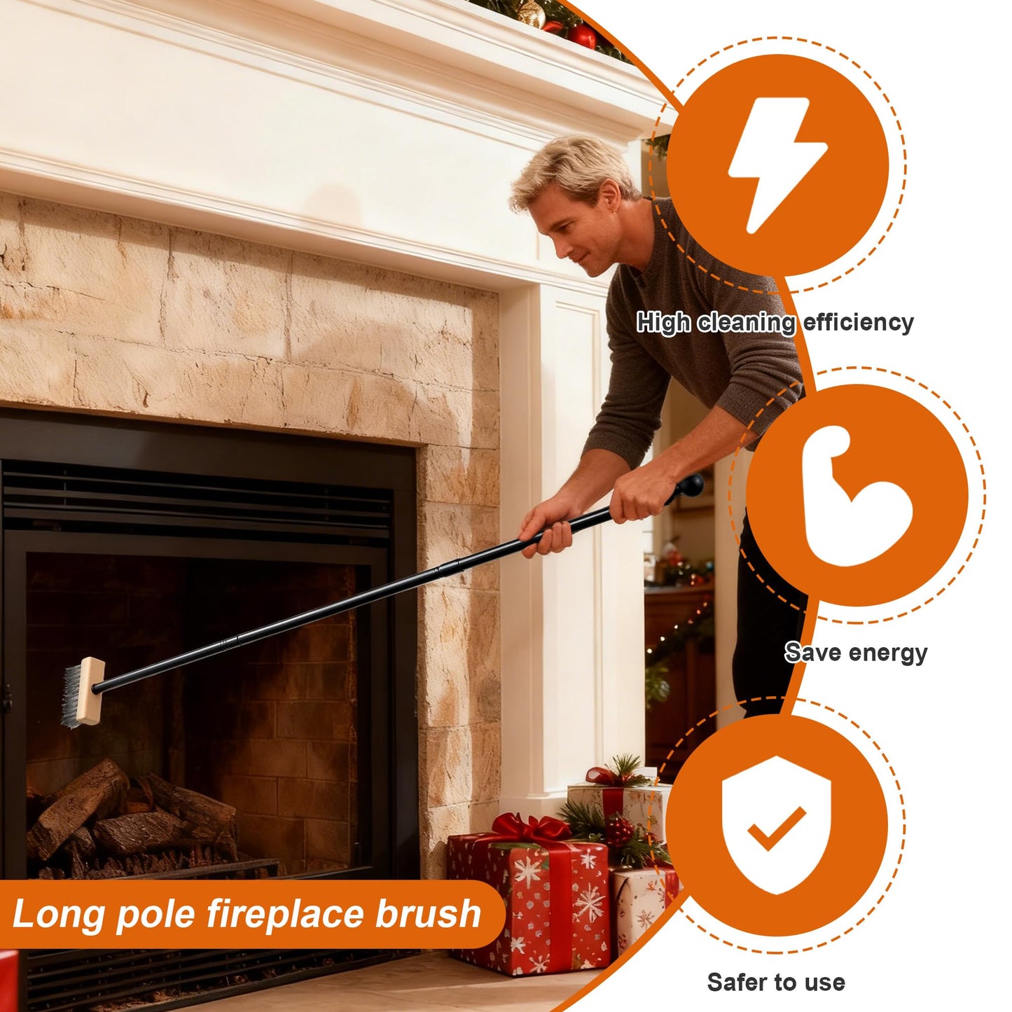 Cleaning Brush Deck Broom, Wire Brush Cleaning Tool for Fireplace Long Handle 43 Inch, Heavy Duty Steel Wood Burning Stove, Fire Pit Wire Outdoor Broom for Outdoor Moss Removal