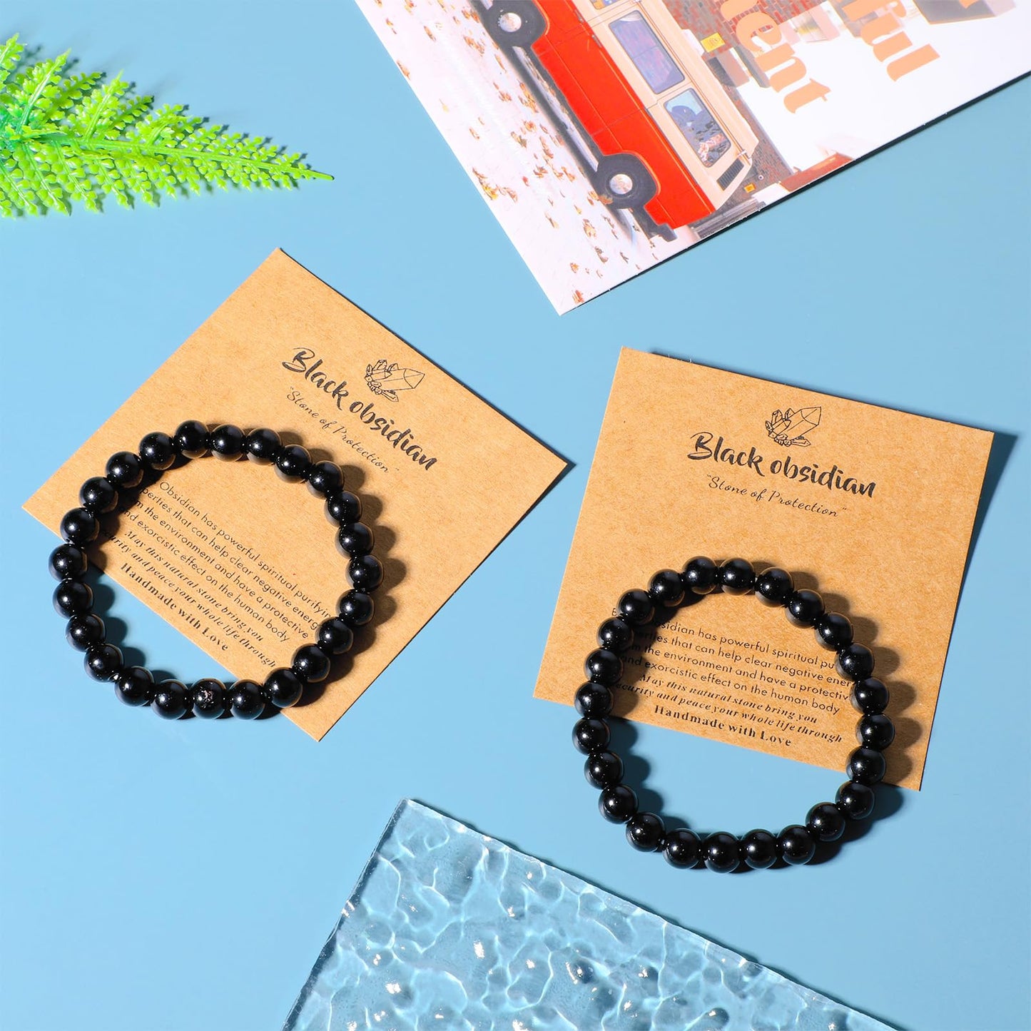 Heclia 2Pcs Black Obsidian Bracelet for Women Men, 8MM Natural Stone Stretch Beaded Bracelet, Healing Crystal Energy Jewelry for Stress Relief Yoga Gifts