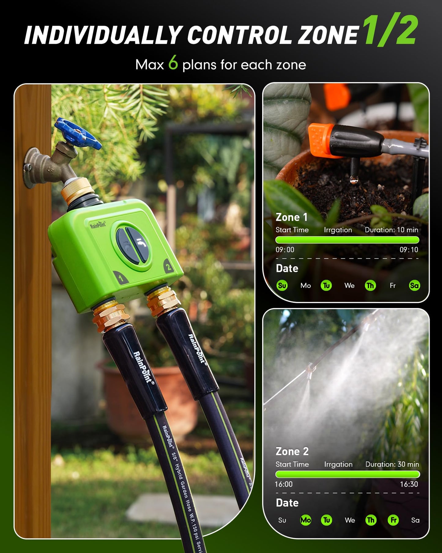 RAINPOINT WiFi Water Timer for Garden Hose, 2 Zone WiFi Sprinkler Controller, Smart Hose Timer Valve, Automatic Drip Irrigation System/Rain Delay for Garden/Lawn (Brass Inlet & Outlet, WiFi Gateway)