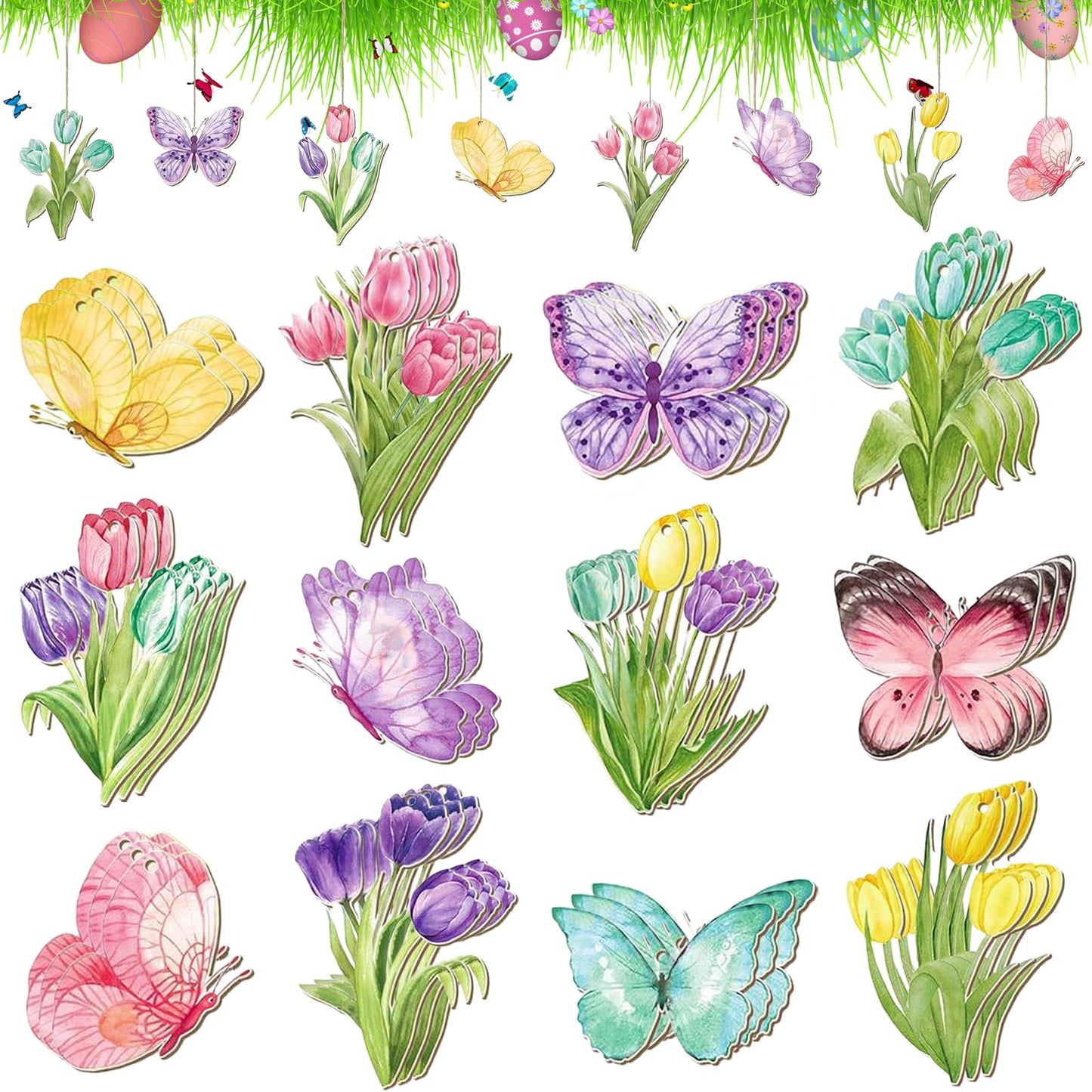 JNYVE 36 Pcs Spring Tree Ornaments: Spring Wooden Flowers Decorations Tulip Butterfly Hanging Decor for Small Tree Home Party