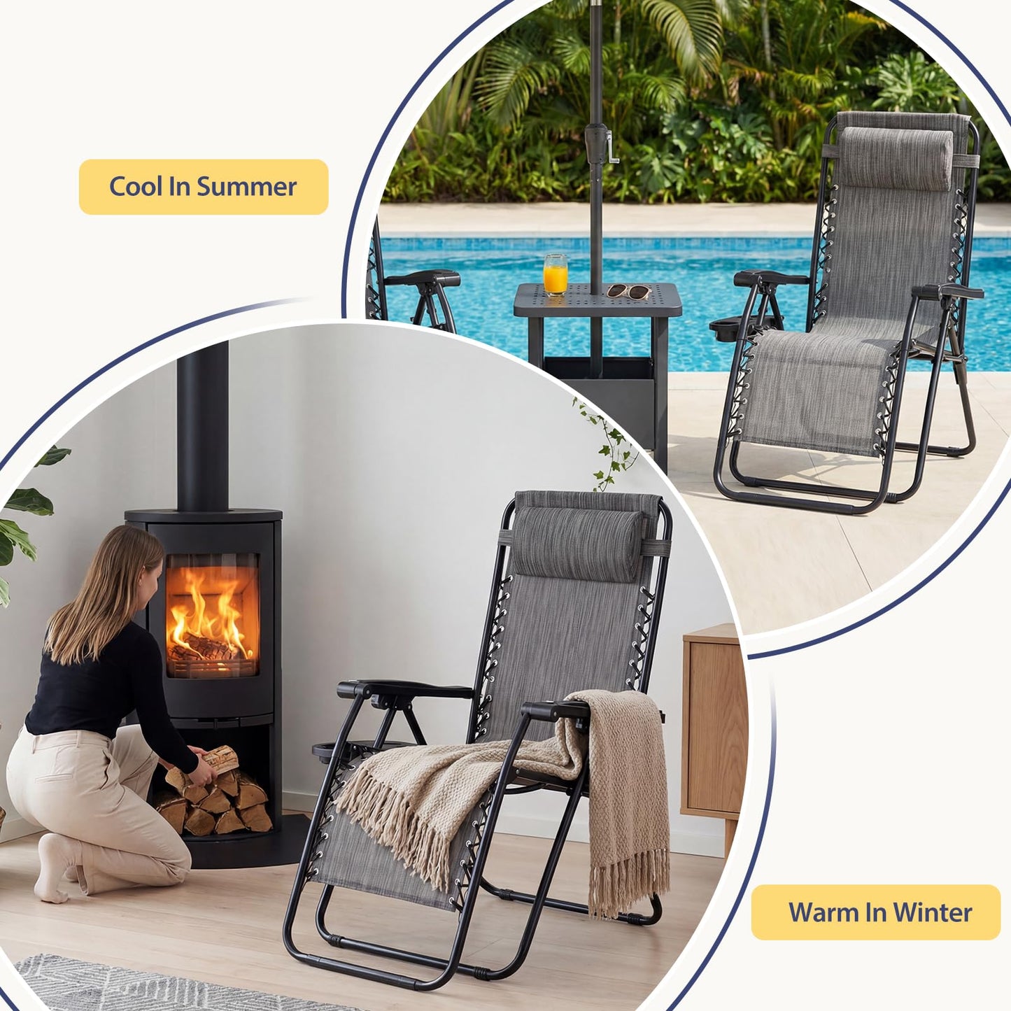 Sweetcrispy Zero Gravity Chairs, Set of 2 Portable Recliner Beach Camping Patio Outdoor Folding Lounge Chair with Cup Holder Trays and Adjustable Pillow for Poolside, Garden, Backyard, Lawn (Grey)
