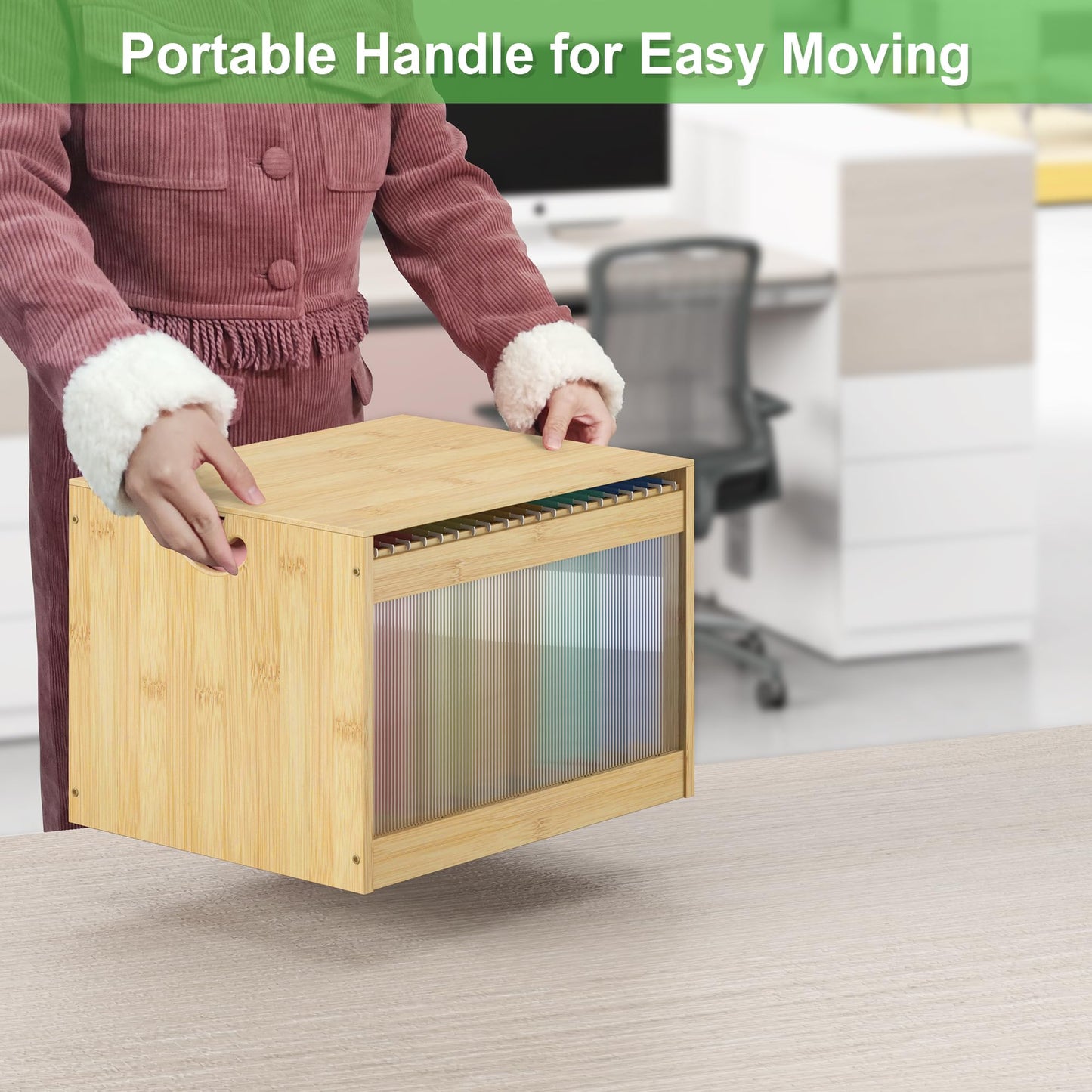 Hanging File Box Organizer for Letter Size, Bamboo Acrylic File Folder Storage with Lid Clear Moving Boxes Wooden with Handle Desktop Wood Filing Holder for Office Banker Document Nature 1 Pack