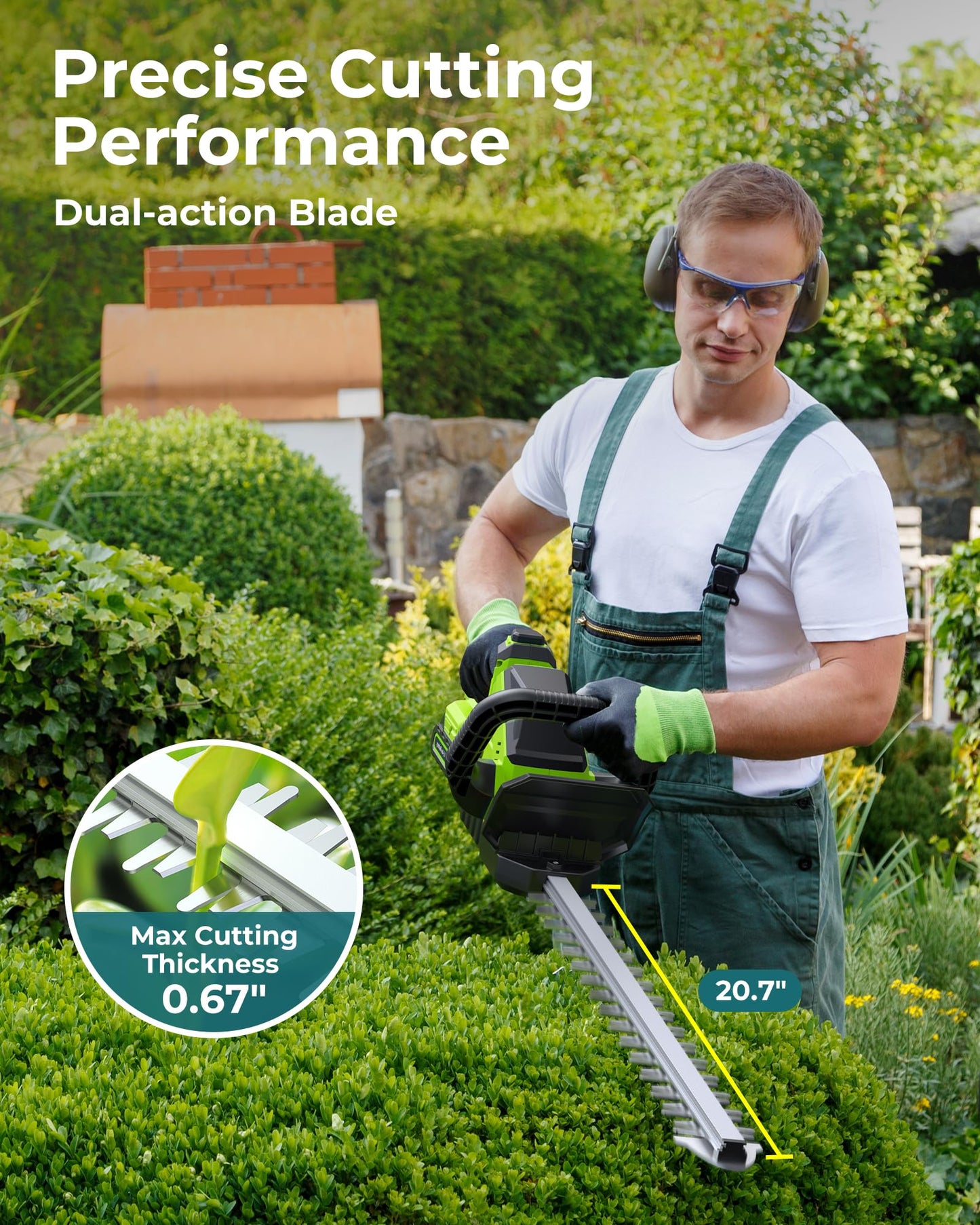 20'' Hedge Trimmer Cordless with Battery, 3000RPM Electric Handheld Bush Clipper with 2pcs 2000mAh Rechargeable Batteries, 180° Rotatable Head, 2/3'' Blade Gap Green, Gifts for Men Dad Father