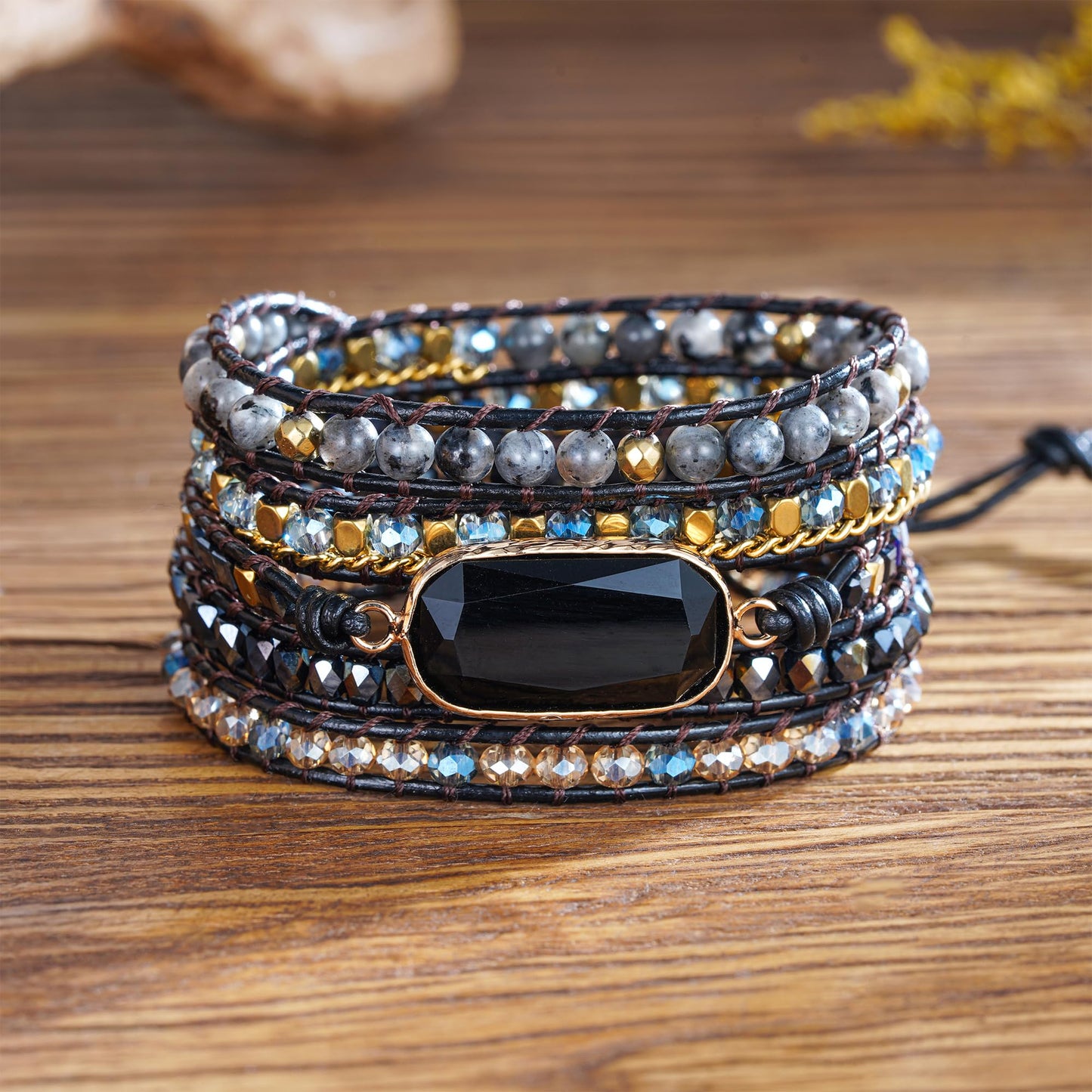 Plumiss Black Onyx Wrap Bracelet for Women Men, Handmade Leather Beaded Bracelet with Natural Black Onyx Crystals, Bohemian Gemstone Statement Bracelet Adjustable Boho Jewelry Gift