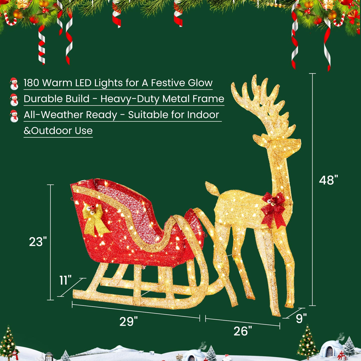 Sweetcrispy 4 FT Lighted Christmas Reindeer & Santa Sleigh Set, Family Outdoor Indoor Xmas Pre-Lit Yard Decoration w/ 180 LED Lights, Holiday Deer & Sled for Garden Lawn Patio Display, Gold-Red