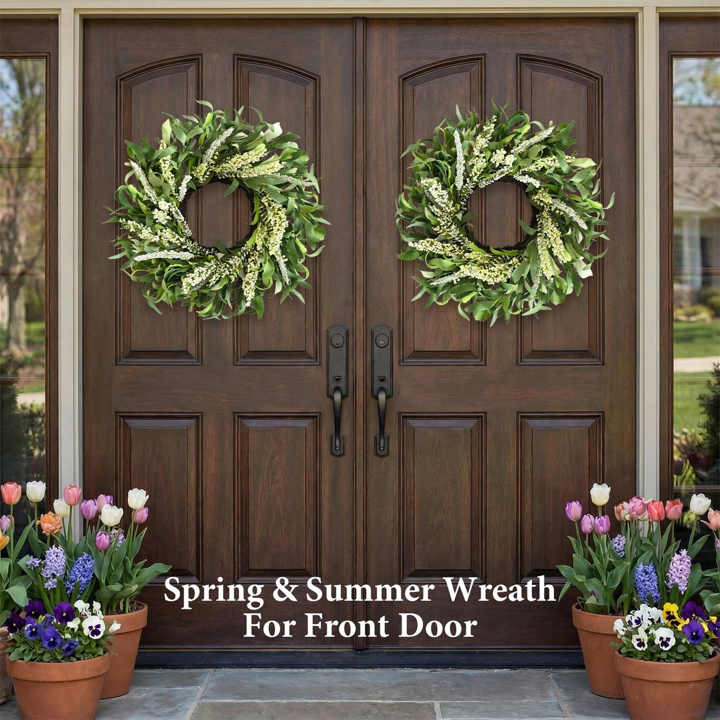 Greenery Spring Wreath for Front Door, 26 Inch Large Wreath with Artificial Eucalyptus Leaves and Cream Ear of Grain, All Season Spring Wreath for Wedding Rustic Modern Farmhouse Home Decor