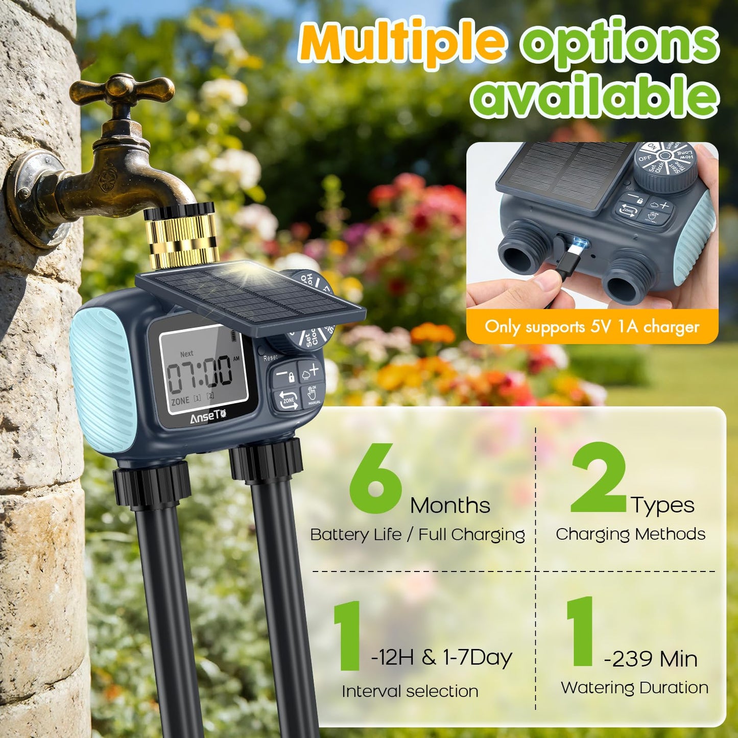 AnseTo Solar Sprinkler Timer,Brass Inlet Hose Timer for Garden Hose,Programmable Water Timers,Plant Watering Devices,Garden Watering System, Rain Delay/Manual/Automatic Irrigation System, 2 Outlet