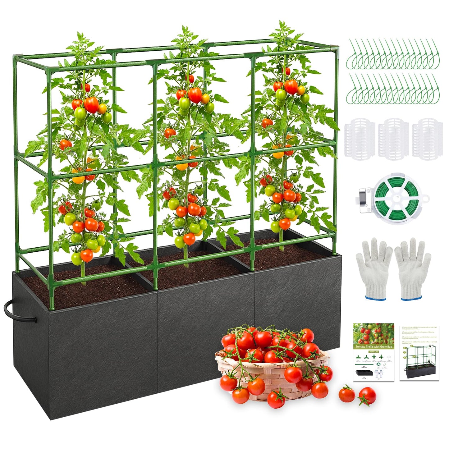 Rovexin 51x17x49 Inch Garden Tomato Cages Planter with 46 Gallon Grow Bags, Square Plant Support Trellis,for Vertical Climbing Plants Vegetables Fruits Flowers Outdoor Gardening Supplies