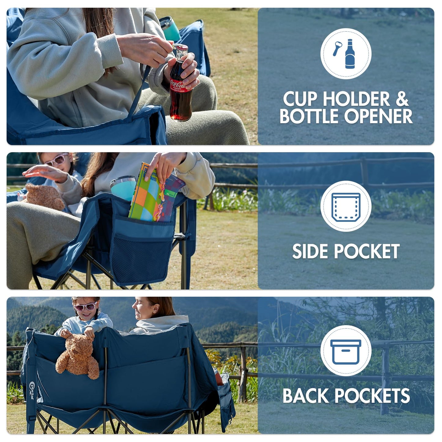 PORTAL Double Camping Chair, 2 Person Folding Loveseat for Adults, Padded Cushion Camp Lawn Love Seat with Side Pocket Portable Couch, Two Person Heavy Duty Wide Chairs with Cup Holder, 600 lbs
