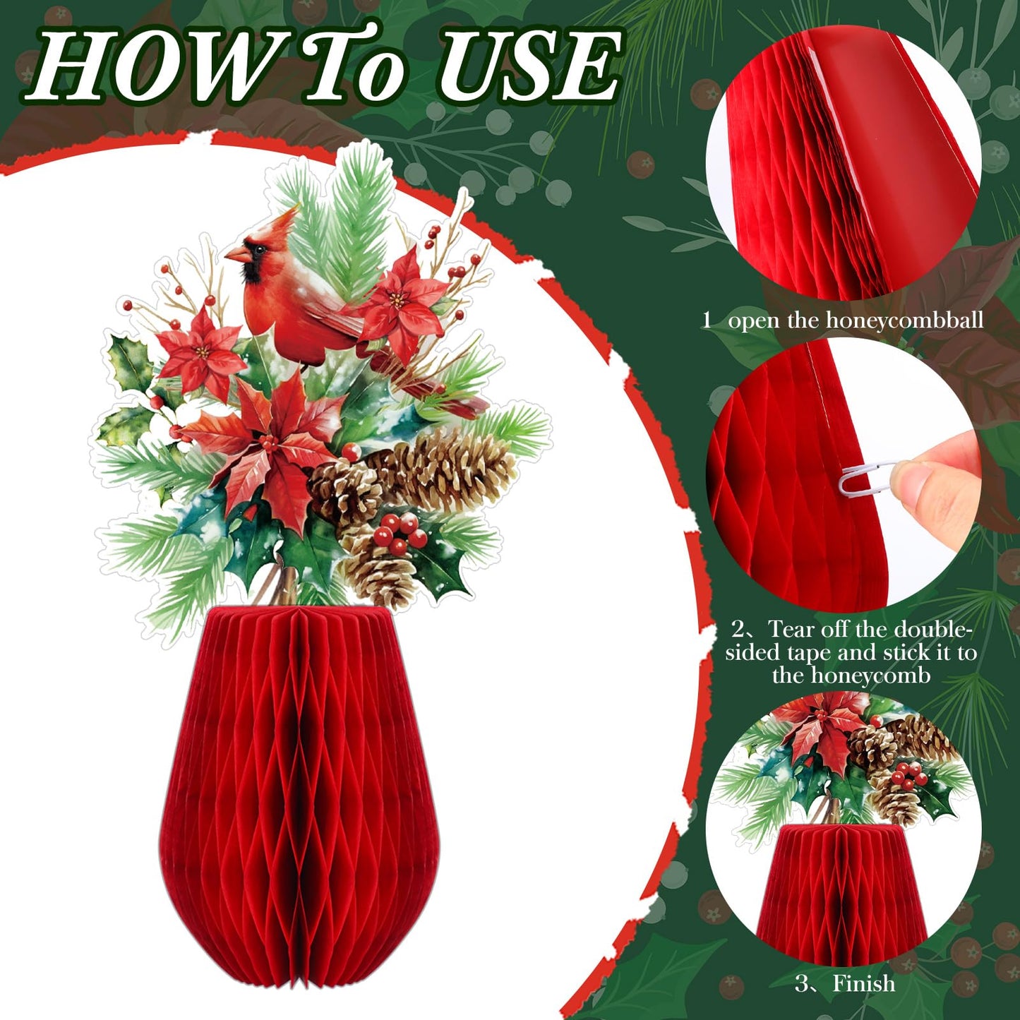 AmazingSpark 9 Pcs Christmas Poinsettia Flower Table Centerpiece Christmas Paper Poinsettia Honeycomb Decoration Holiday Red Flower Honeycomb Centerpiece for Birthday Party Ornaments