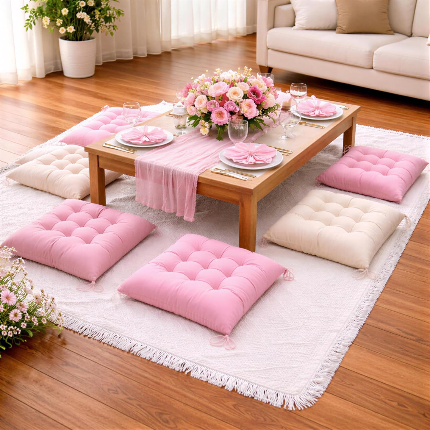 Yebo 91 x 71'' Extra Large Picnic Blanket with Sheer Table Accent, Lightweight Napkins and 6 Soft Floor Cushions Cushions for Parties, Weddings, Birthdays & Backyard Gatherings
