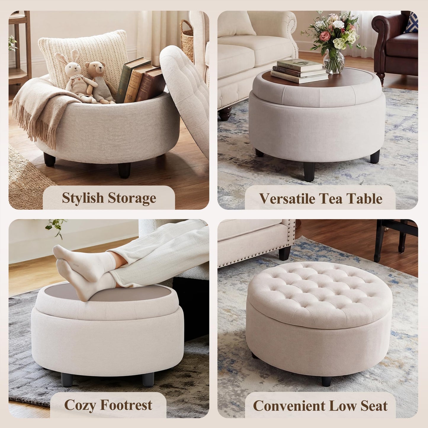 COLAMY Fabric Round Storage Ottoman with Reversible Tray Lid – Multi-Functional Footrest, Hidden Storage, Sturdy & Stylish Small Coffee Table for Living Room, Bedroom, or Entryway(Beige)