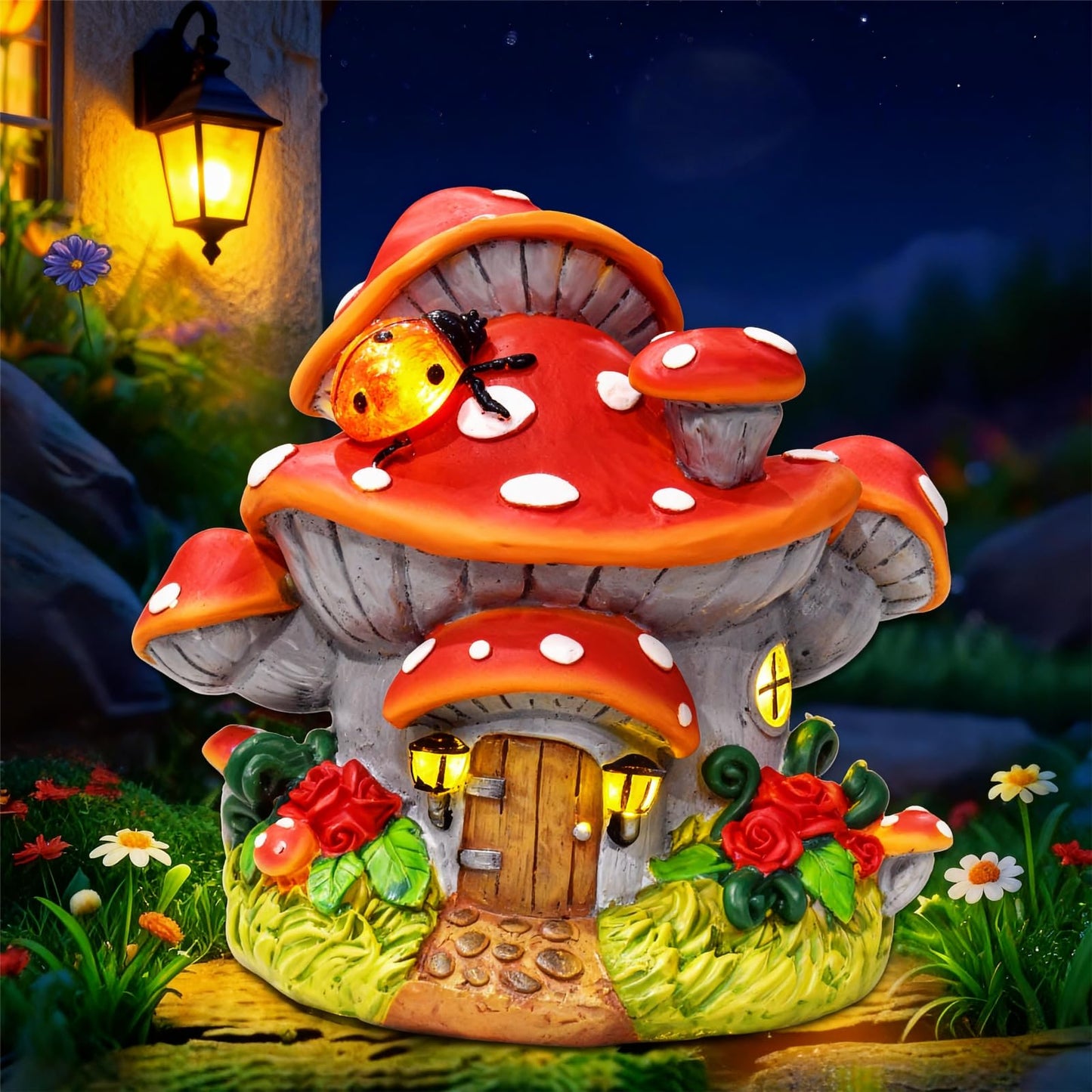 WINTS Solar Mushroom House Statue,Fairy Garden Houses with Solar Lights, Outdoor Mushroom Garden Statue Decoration for Fairy House, Outside Lawn Yard Patio, Gifts for Mom