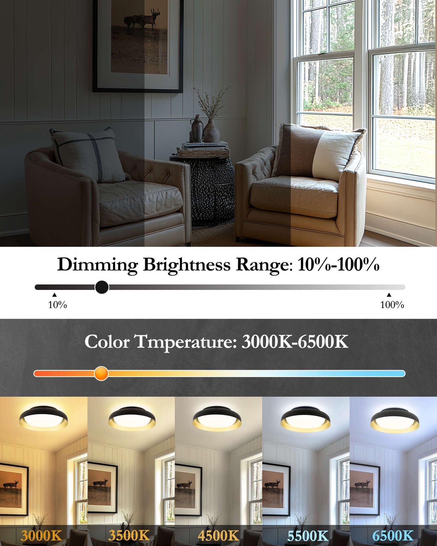 Ken & Ricky Flush Mount Ceiling Light Fixture, Led Dimmable 24w for Bedroom Kitchen Bathroom Laundry Hallway Entryway,Remote Control (Black and Gold,12Inch,1PK)