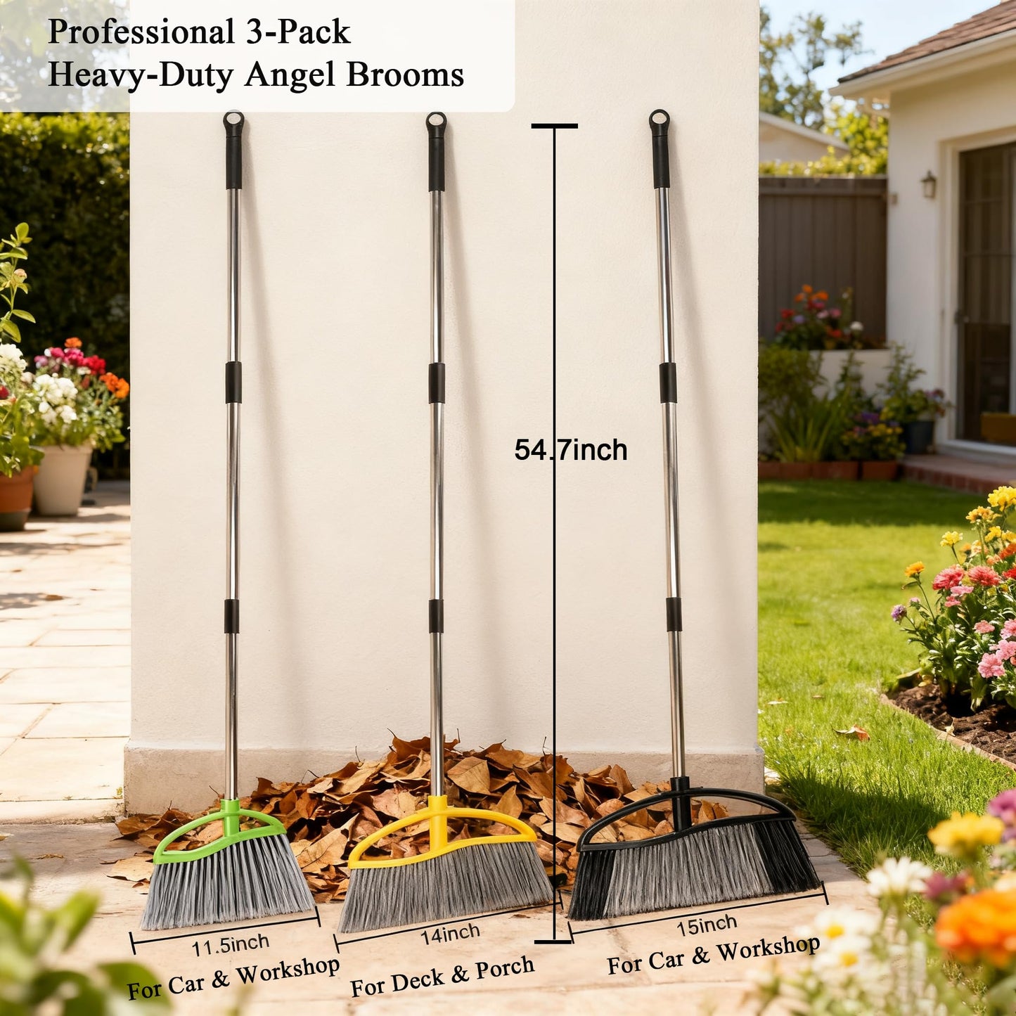 Chanhoo 3 Pack Wide Heavy Duty Angle Broom - Stiff Bristle Outdoor Brooms for Sweeping Patio, Garden, Garage, Yard (Black, Yellow, Green)
