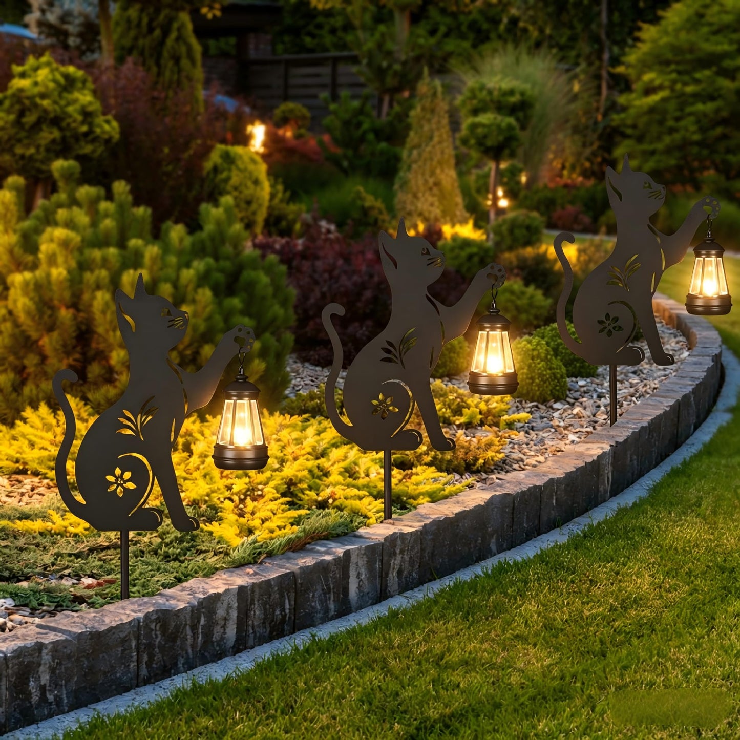 Doorkeer Solar Cat Lantern Outdoor 2Pack Hanging Black Cat Decor Solar Lights Birthday Gifts for Women Mom and Grandma Mother's Day Garden Stakes Metal Lawn Statue Patio Decorations Stakes