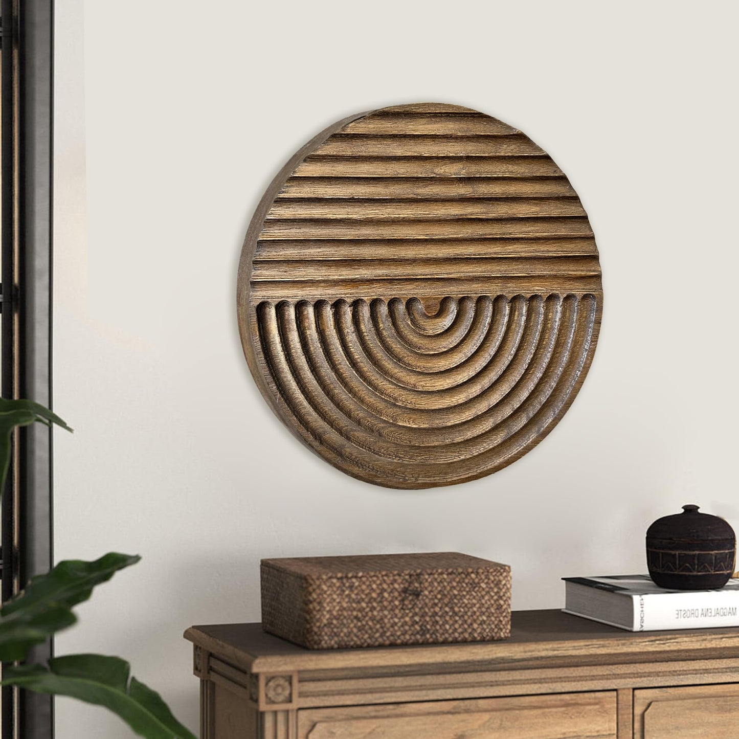 Musanpou Hand-carved Wood Wall Decor featuring Artistic Round Design for Farmhouse and Country-style Interiors | Wall Art Decoration | 11.8 inches x 11.8 inches (brown)