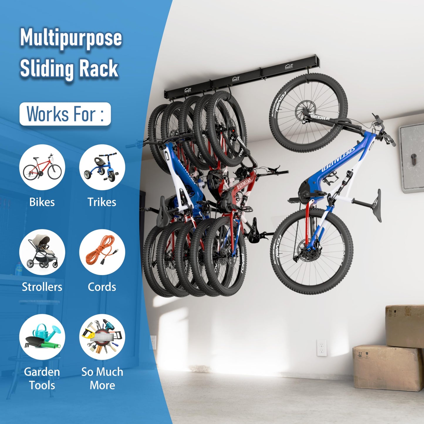 USA Based Ceiling Bike Hanger Slide Mount Up To 6 Bikes, Sliding Garage Bicycle Storage, 51" Heavy Duty Hanging Hook Racks 450lbs Limit, Overhead Mounted Hangers for Storing Bicycles | Black