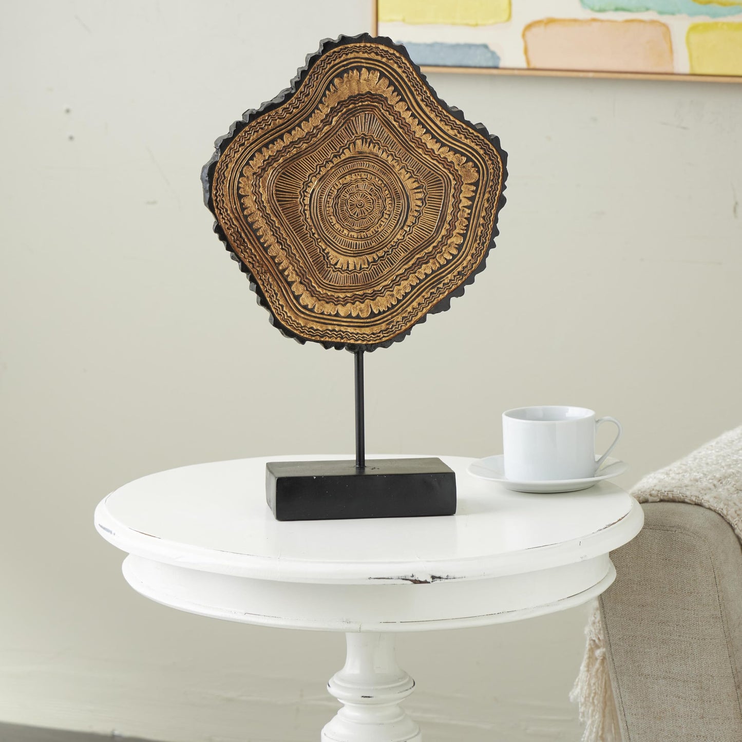 Deco 79 Resin Tribal Decorative Sculpture Abstract Carved Home Decor Statue with Black Stand and Wavy Edge, Accent Figurine 11" x 3" x 17", Brown