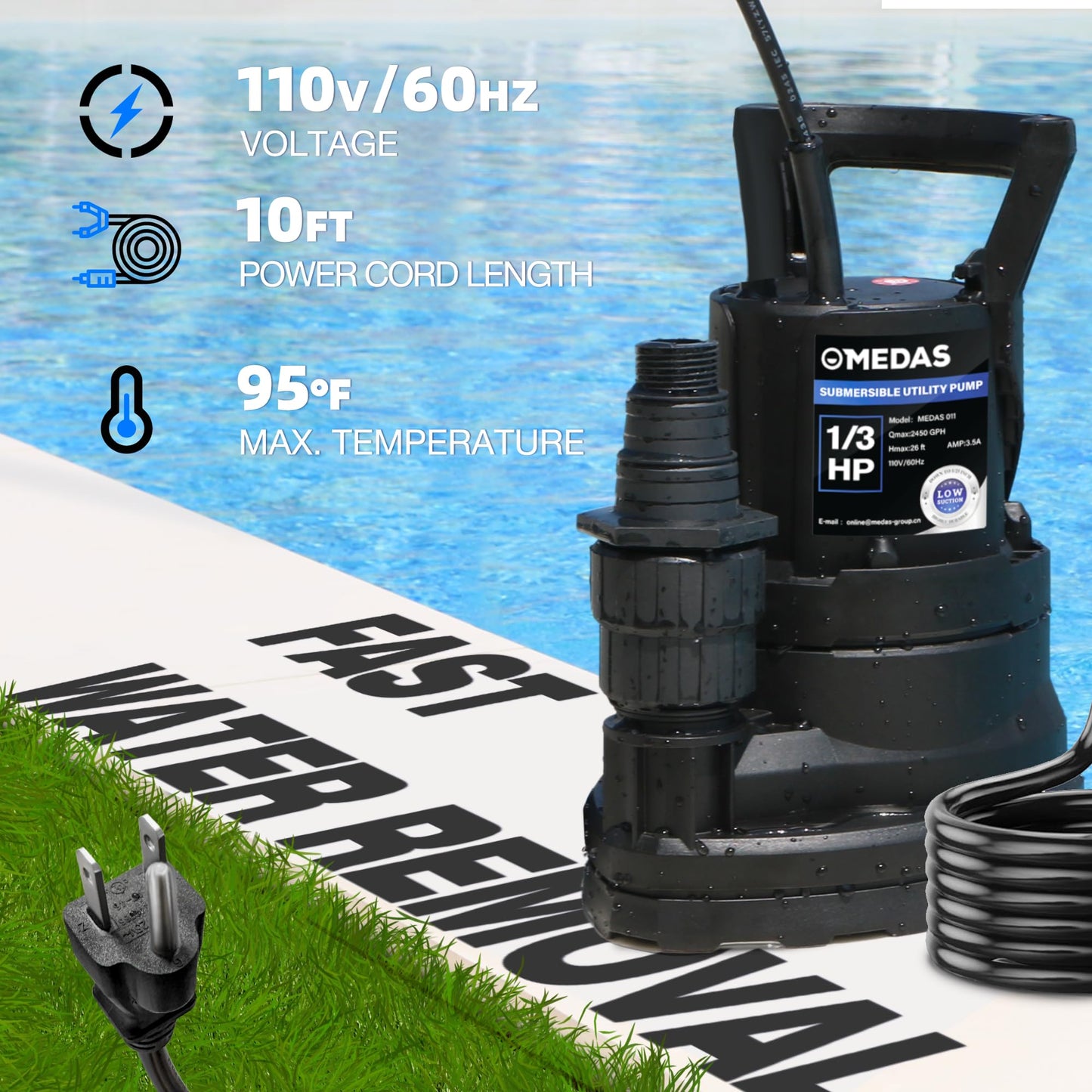MEDAS Portable Sump Pump for Swimming Pool, Garden Pond, Basement Water Removal with 10ft Power Cord 1/3HP