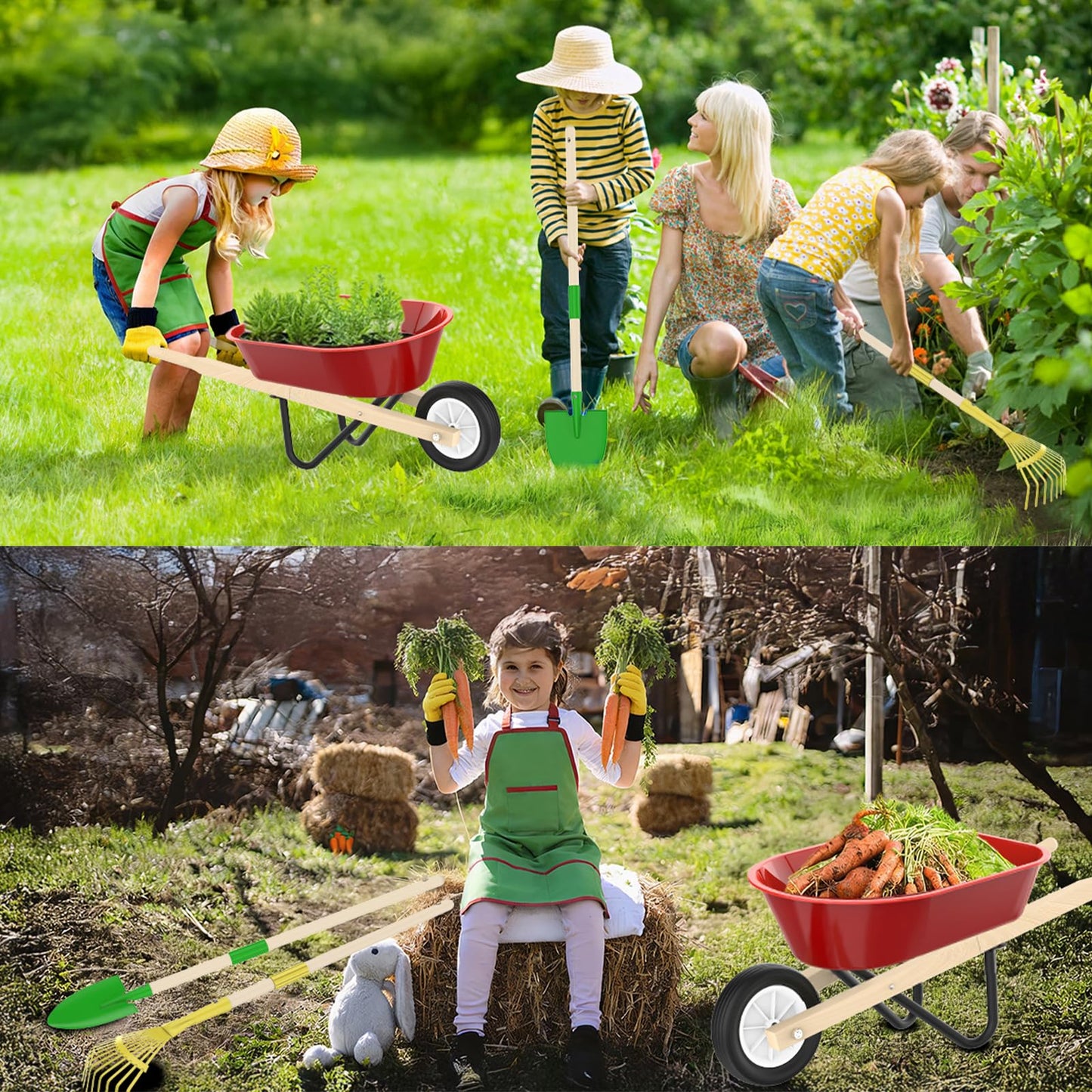Qtioucp Kids Gardening Wheelbarrow Set, Metal & Wooden Garden Tools for Kids Ages 3-8, Real Wheelbarrows with Apron, Gloves & STEM Guide, Outdoor Backyard Garden Toy Gift (Wheelbarrow Garden Set)
