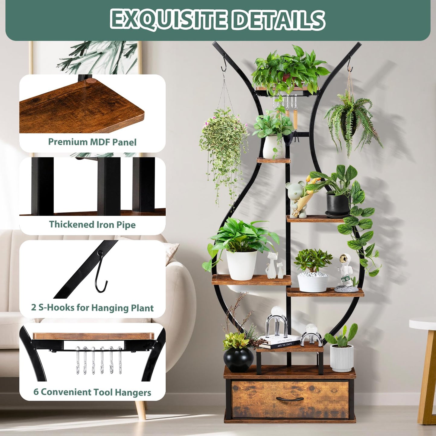 LOENIY 7-Tier Indoor Plant Stand with Hanging Hooks & Drawer, 68.1" Tall Vase-Shaped Corner Plant Stand includes Tool Hangers, Aesthetic Tall Plants Shelf for Multiple Plants Flower Pot, Outdoor Plant Holder in Patio Balcony