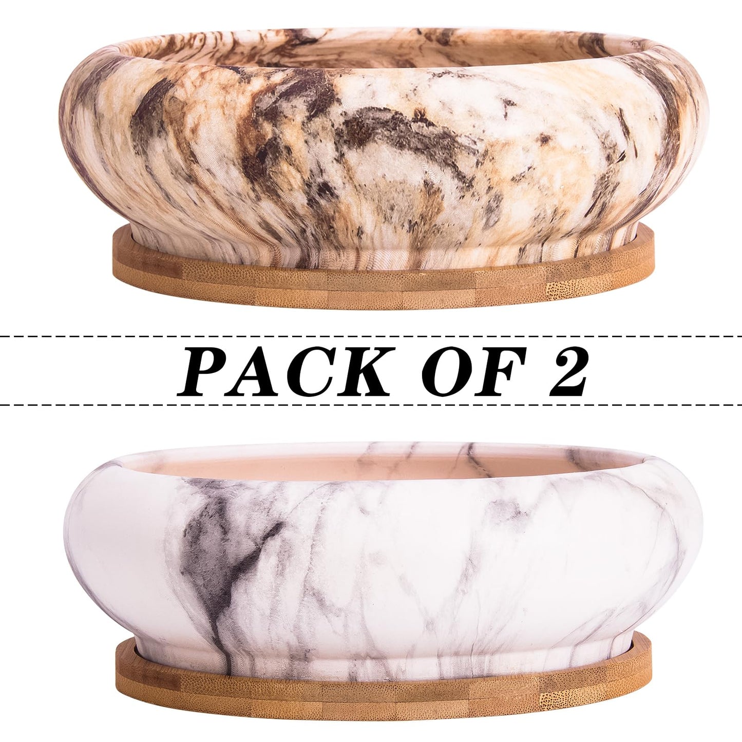 ARTKETTY Succulent Pots - 7.3 Inch Ceramic Bonsai Pots with Trays Set of 2, Large Succulent Plant Pots with Drainage Shallow Planters for Indoor Plants Marble Cactus Flower Plant Container Bowl