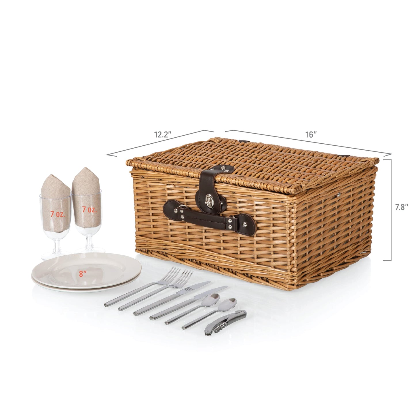 PICNIC TIME Classic Picnic Basket for 2, Romantic English-Style Wooden Wicker Basket with Deluxe Service for 2, Fully-Lined Interior, Leatherette Lid-Locking Buckle, and Carry Handle, (Beige Canvas)