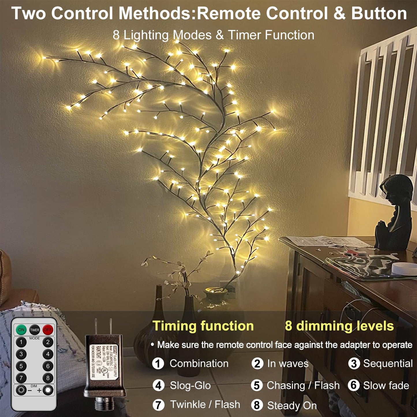 Vines for Home Decor with Remote, 7.5Ft Christmas Swags Decorations Indoor Artificial Plants Tree Branches 144 LEDs Lighted Willow Vine Lights for Walls Bedroom Living Room Decor Aesthetic (1PCS)