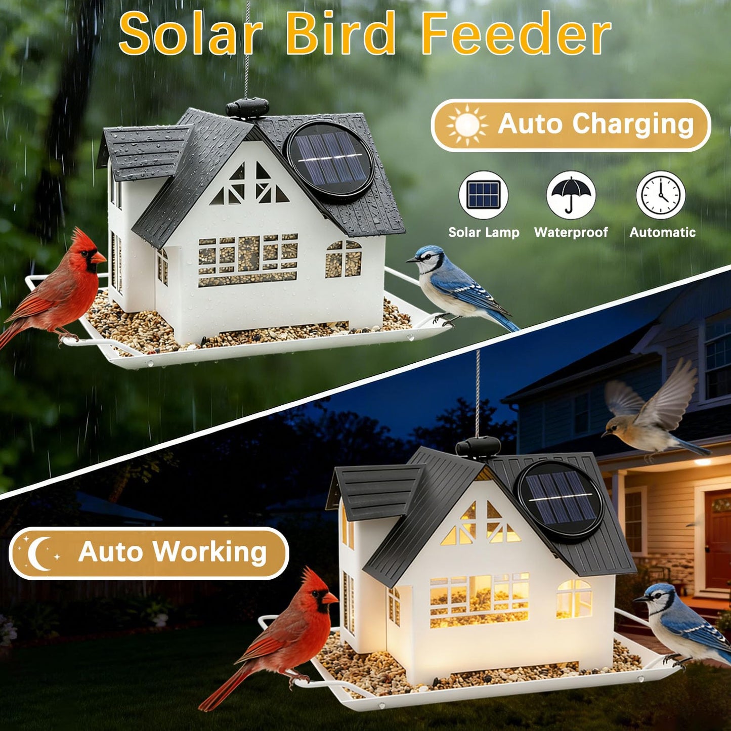 Solar Bird Feeders for Outdoors Hanging, Heavy-Duty Metal Birdfeeders Outside Hanging with Solar Lights, Wild Bird Feeders for Garden Decor, Unique Gifts for Bird Lovers, Mom and Grandma