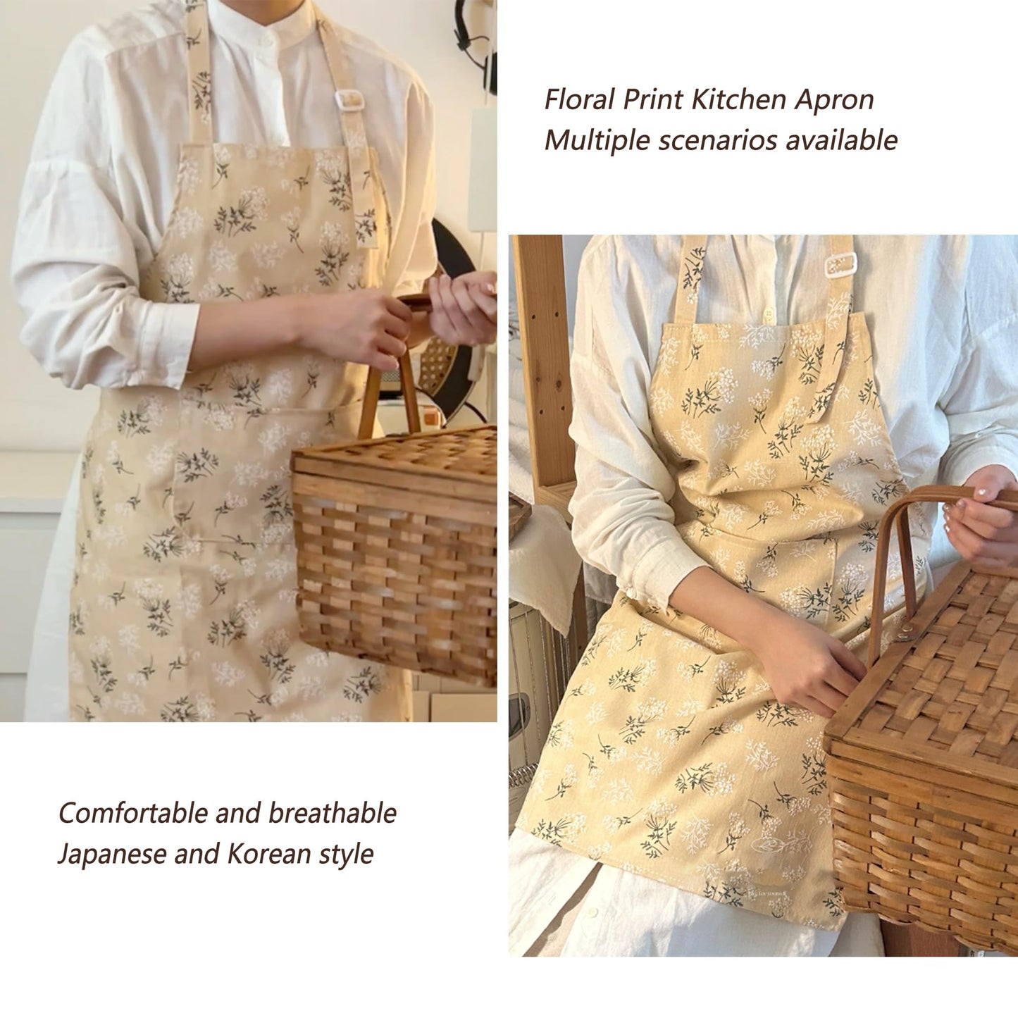 GROZOSS Aprons for Women with Pockets, Japanese Linen Kitchen Apron, Adjustable Lightweight Breathable Embossed Fabric, Cooking Baking Gardening Craft Apron, Vintage Floral Style
