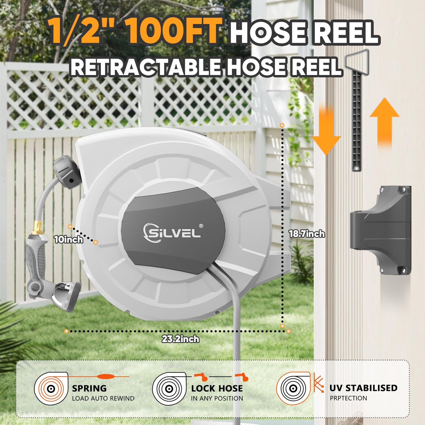 Retractable Garden Hose Reel, 1/2" x 100ft Wall Mount Heavy Duty Automatic Hose Reel with 10 Pattern Nozzle, Any Length Lock & Slow Return System, 180°Swivel Bracket Upgraded UV Resistant,Light Grey