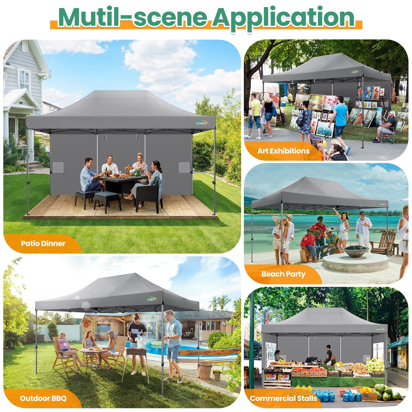 COBIZI 10x15 Heavy Duty Pop up Canopy Tent with 4 sidewalls, Commercial Outdoor Tents for Parties,Backyard Event, Wedding, All Season Waterproof Event Shelter with Carry Bag, Gray(Frame Thickened)