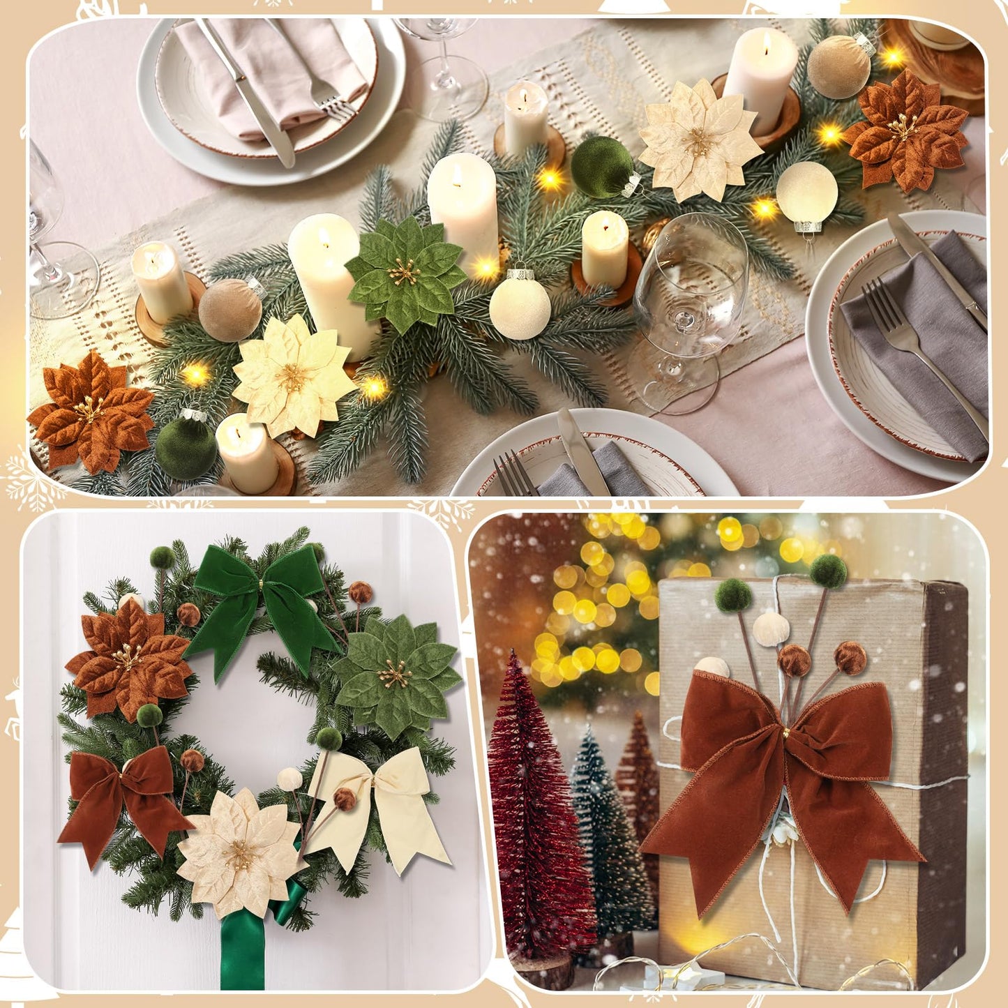 Hungdao 57 Pcs Christmas Velvet Ornament Kit 12 2.4" Velvet Balls 24 4.7" 5.9" Bow 6 4.7" Poinsettia 5.5 Yds Wide Ribbon Star Topper Lights 12 Picks for Xmas Tree Holiday Decor(Beige,Dark Green,Brown)
