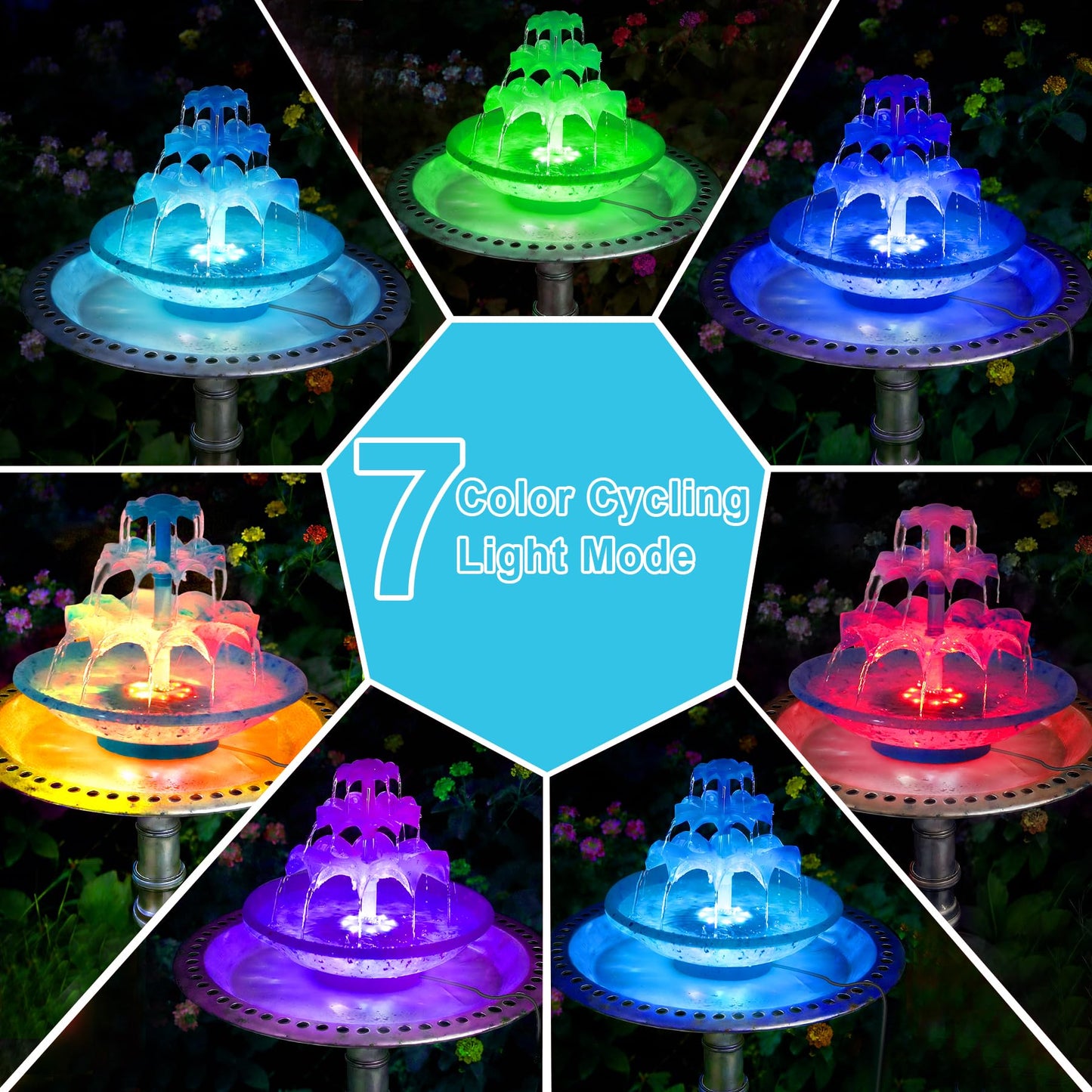 3.5W Solar Fountain Pump for Bird Bath, 3-Tier Blue Solar Water Pump with 8 LED Lights, 32.8FT Power Cord and Adapter Included, Dual-Powered for 24/7 Use for Garden, Pond, Pool, Fish Tank and Lawn