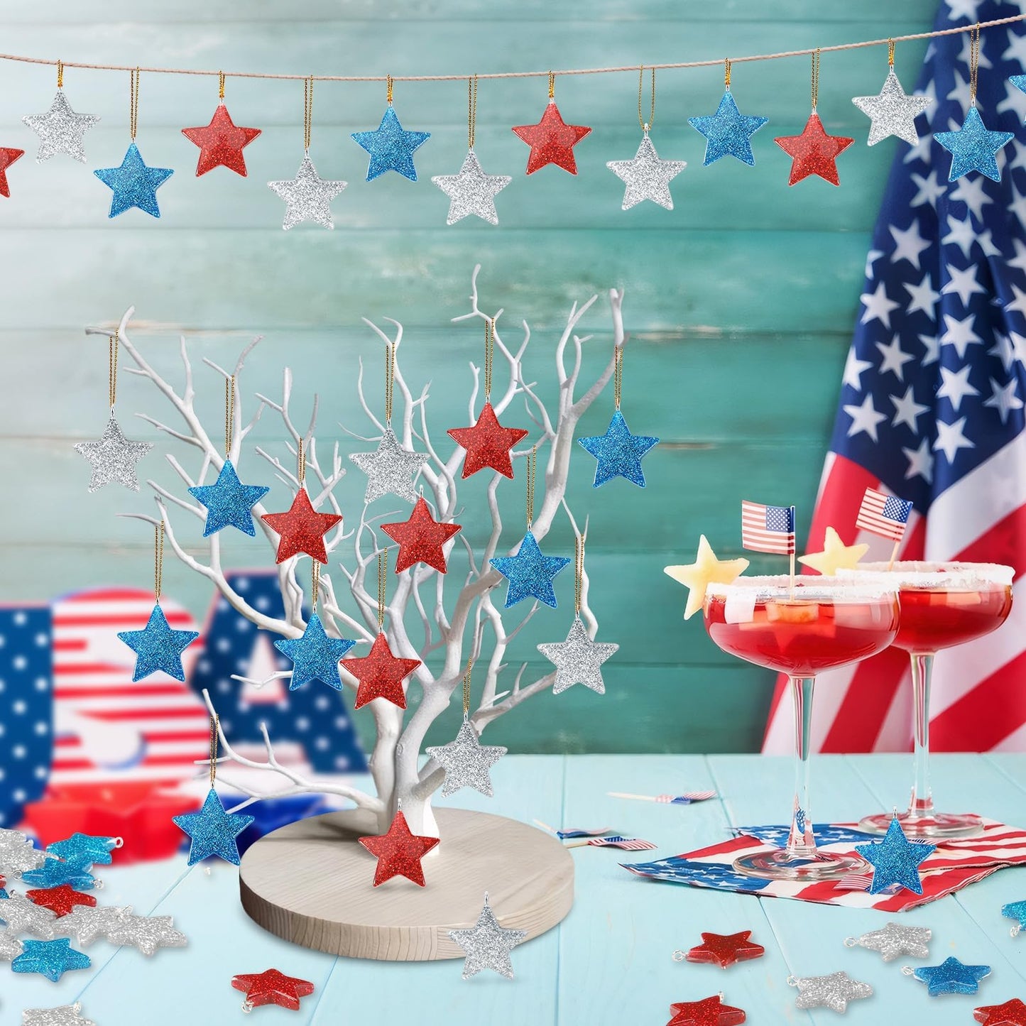 DTOFOOT 36PCS Mini Resin Patriotic Star Ornaments 4th of July Hanging Pendants for Small Tree Glitter Blue Red Star Charms with String for Memorial Day Independence Day 250th Anniversary Party Decor
