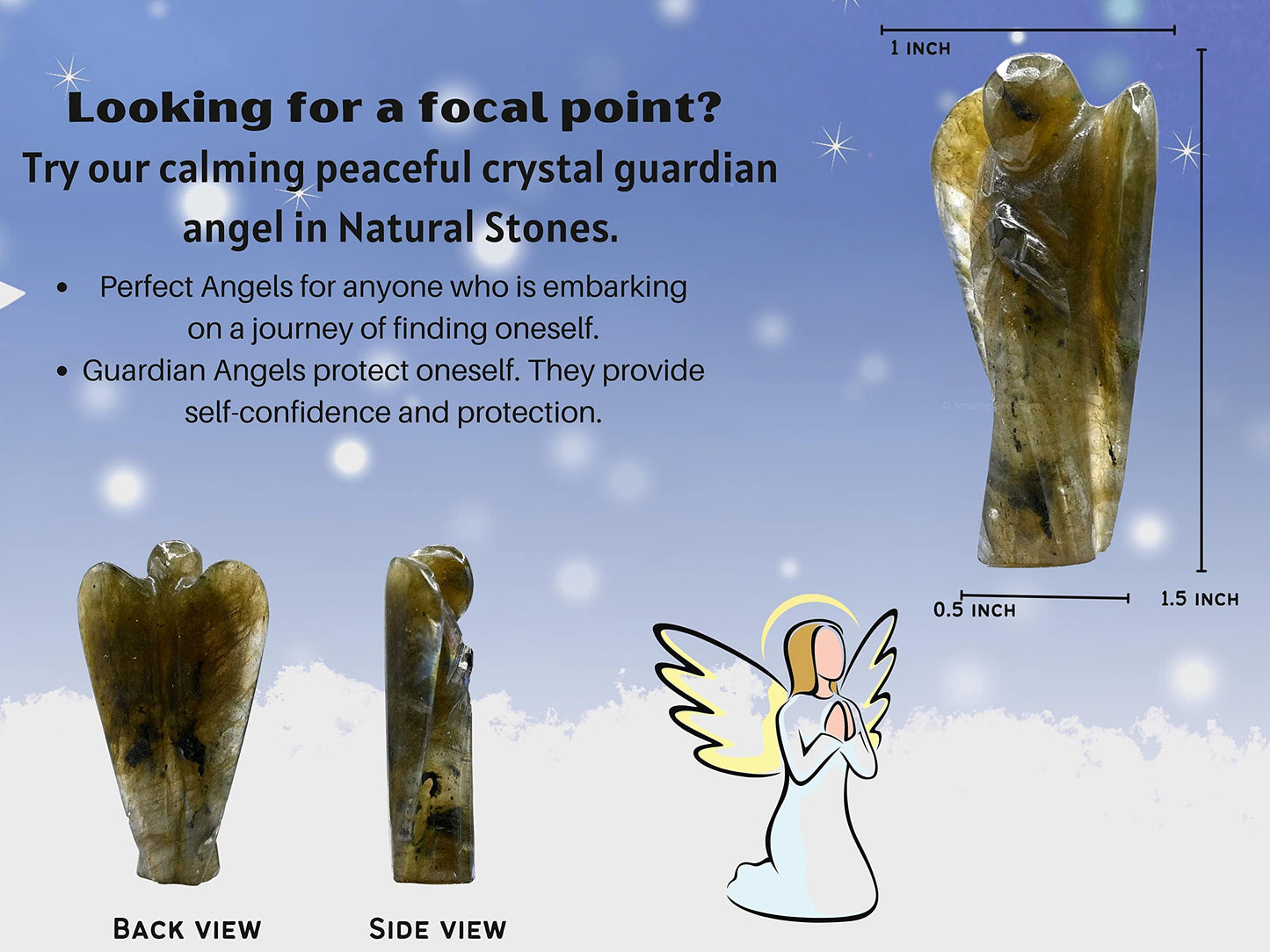 Amazing Gemstone Labradorite Crystal Guardian Angel Figurines Ornament for Healing Birthstone, Decoration Statue (Hand Carved Pocket Gemstone Angel) (1.5 inch)
