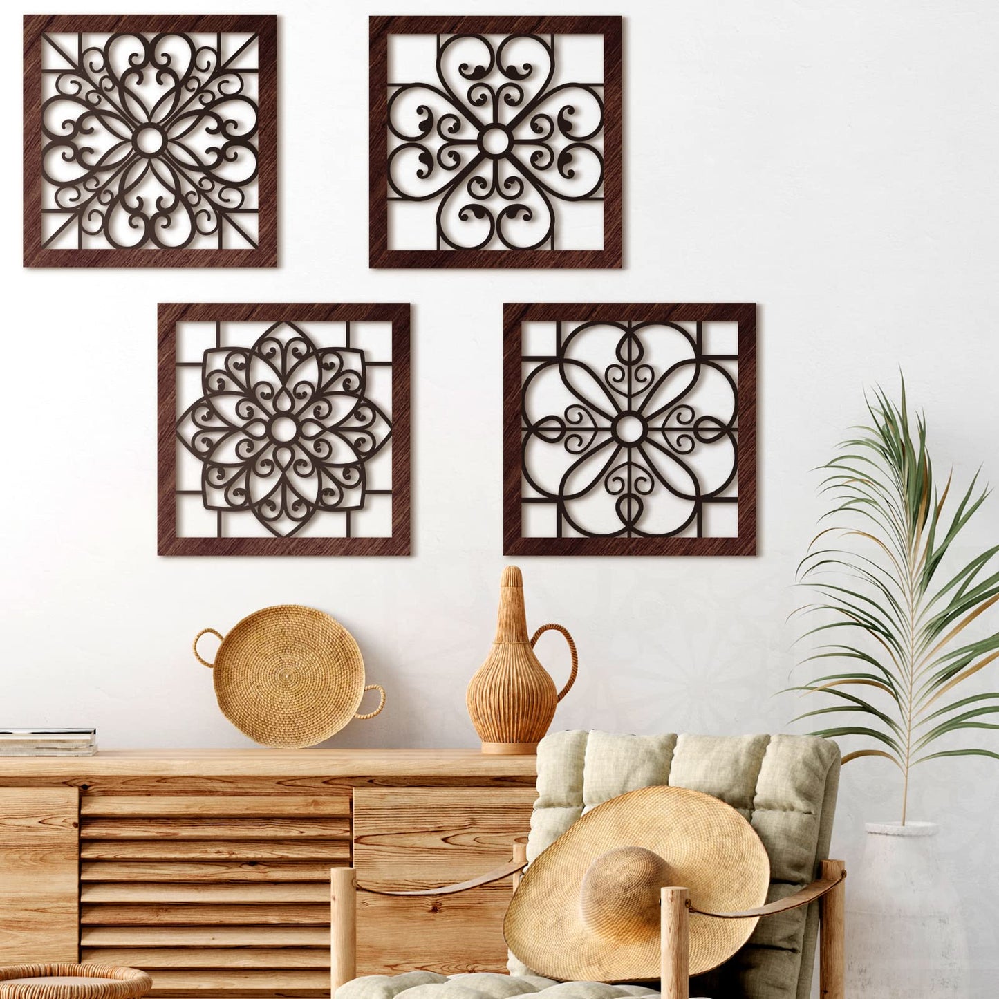 Yulejo 4 Piece Thicken Rustic Wall Decor - Wooden Hollow Carved Design Rustic Wall Art for Living Room, Bedroom, Hallway, Office, Kitchen (Brown, Black)