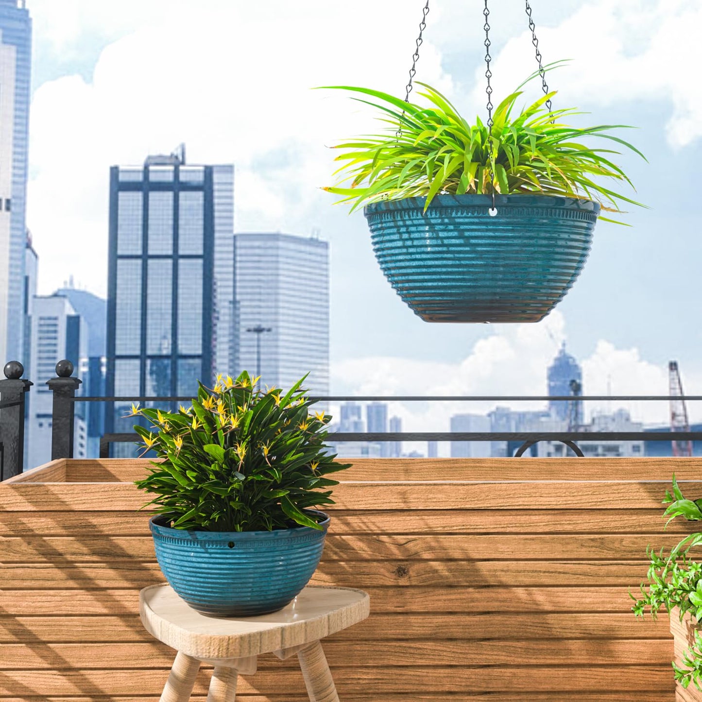 Vanslogreen 2 Pack Hanging Planters for Indoor Outdoor Plants, 10 Inch Hanging Planter with Drainage Hole & Plug Glazed Hanging Baskets Flower Pots for Garden Home (Blue)