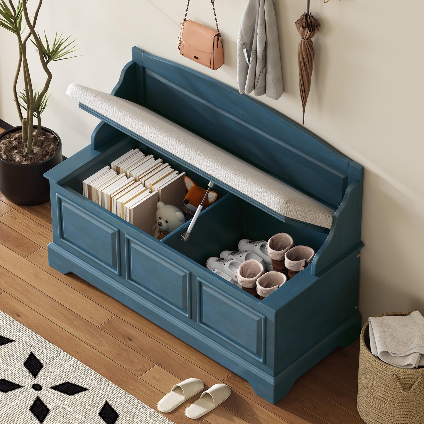 Knocbel Rustic Entry Storage Bench with Hidden Compartments and Removable Cushion, Wooden Entryway Hallway Foyer Shoe Bench Bedroom End of Bed Bench (Antique Navy and Beige)