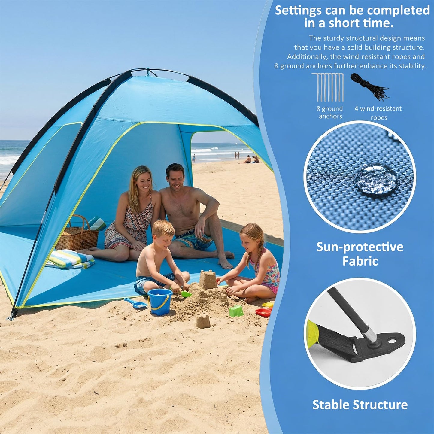 Beach Tent Sun Shelter, Portable Pop Up Beach Tent for 4-5 Person with UPF 50＋ UV Protection, Easy Setup Lightweight Waterproof Ventilation Design Family Sun Shelters for The Beaches