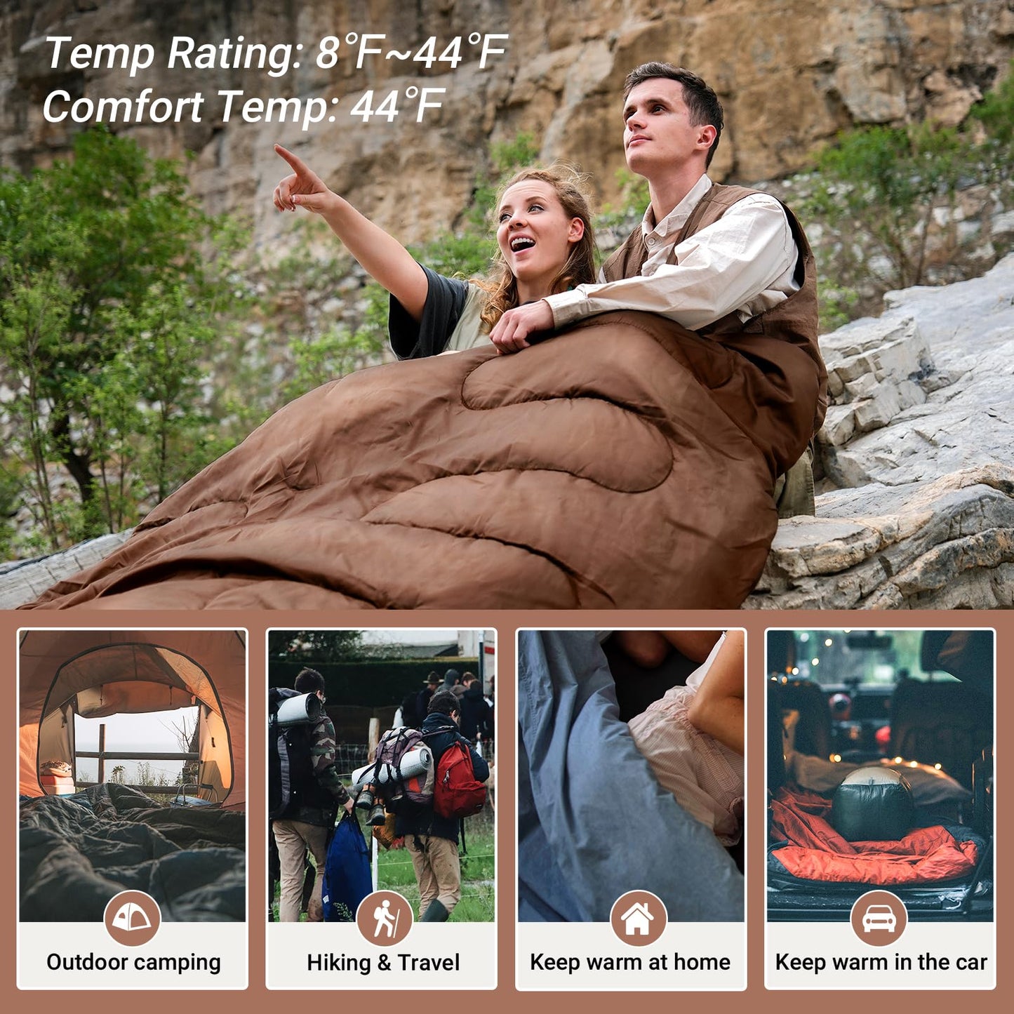 KingCamp Double Sleeping Bag for Adults, Queen Size 2 Person XXL Flannel Sleeping Bag, Waterproof Lightweight Flannel Quilt with 2 Pillows, Perfect for Couples Family Camping Hiking, Coffee