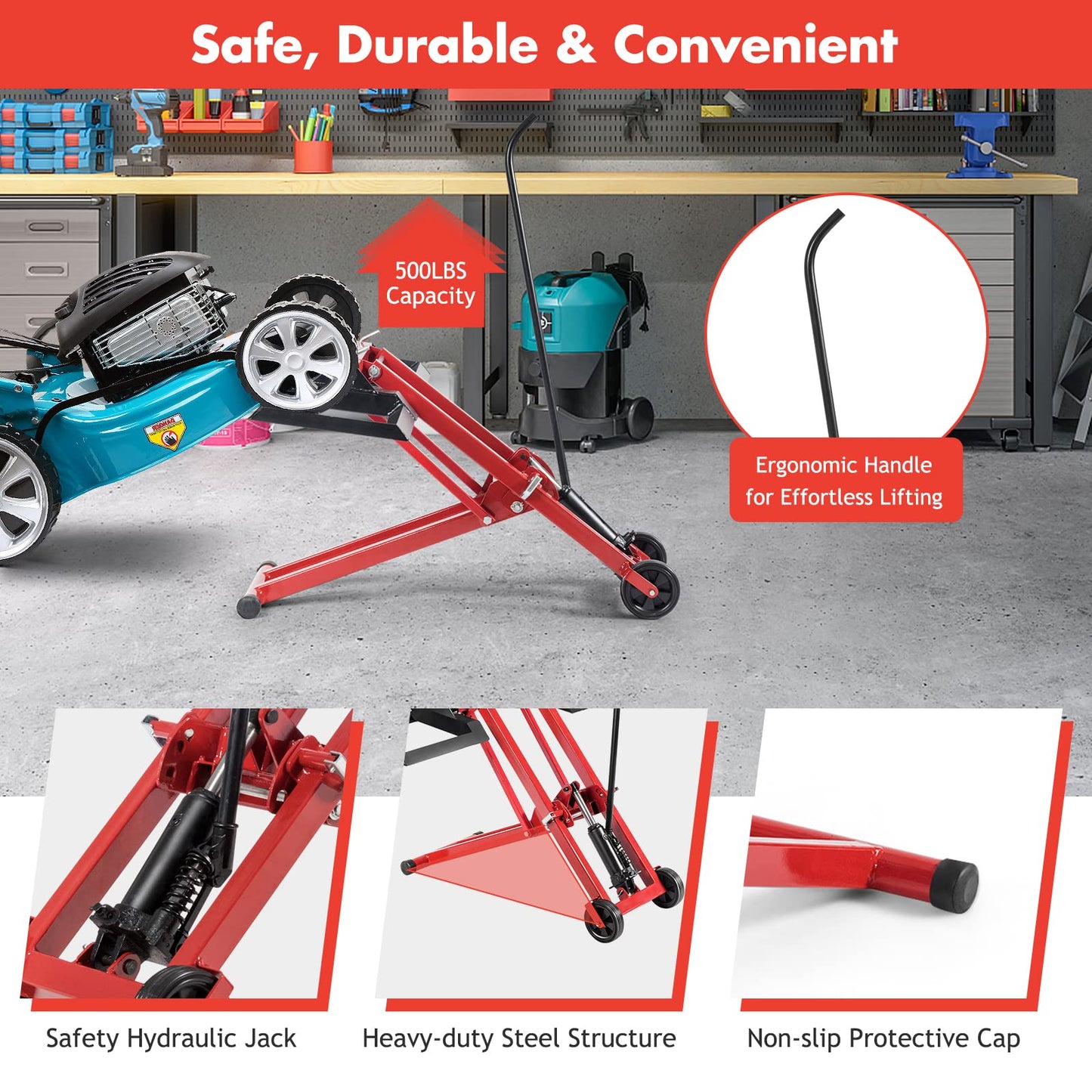 IRONMAX Lawn Mower Lift, 500 LBS Weight Capacity, Zero Turn Mower Hydraulic Jack with Non-Slip Wheels, Adjustable Riding Lawn Tractor Lift for Maintenance and Repair