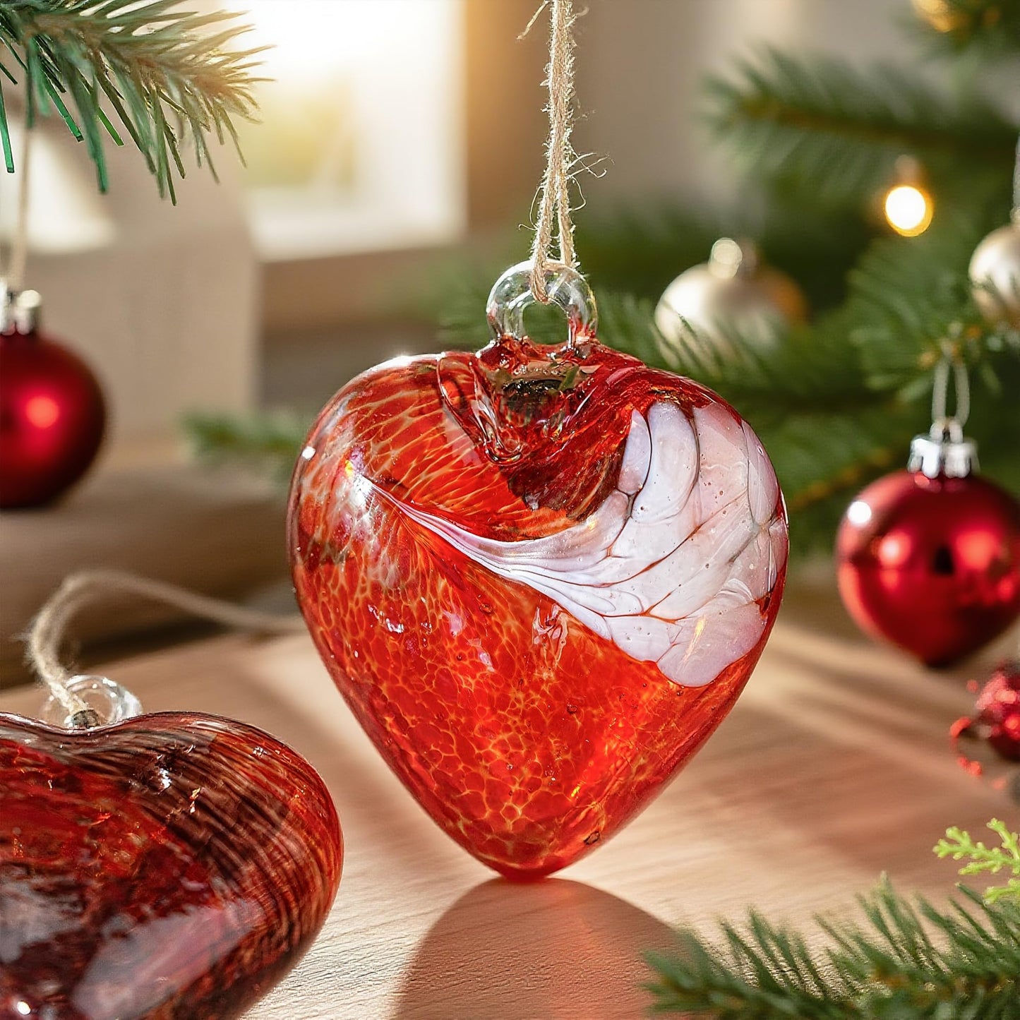 3Pcs Hand Blown Glass Heart Ornaments 3.5inch Hanging Crystal Heart Figurine for Home Garden Wedding Party Decor (Red)