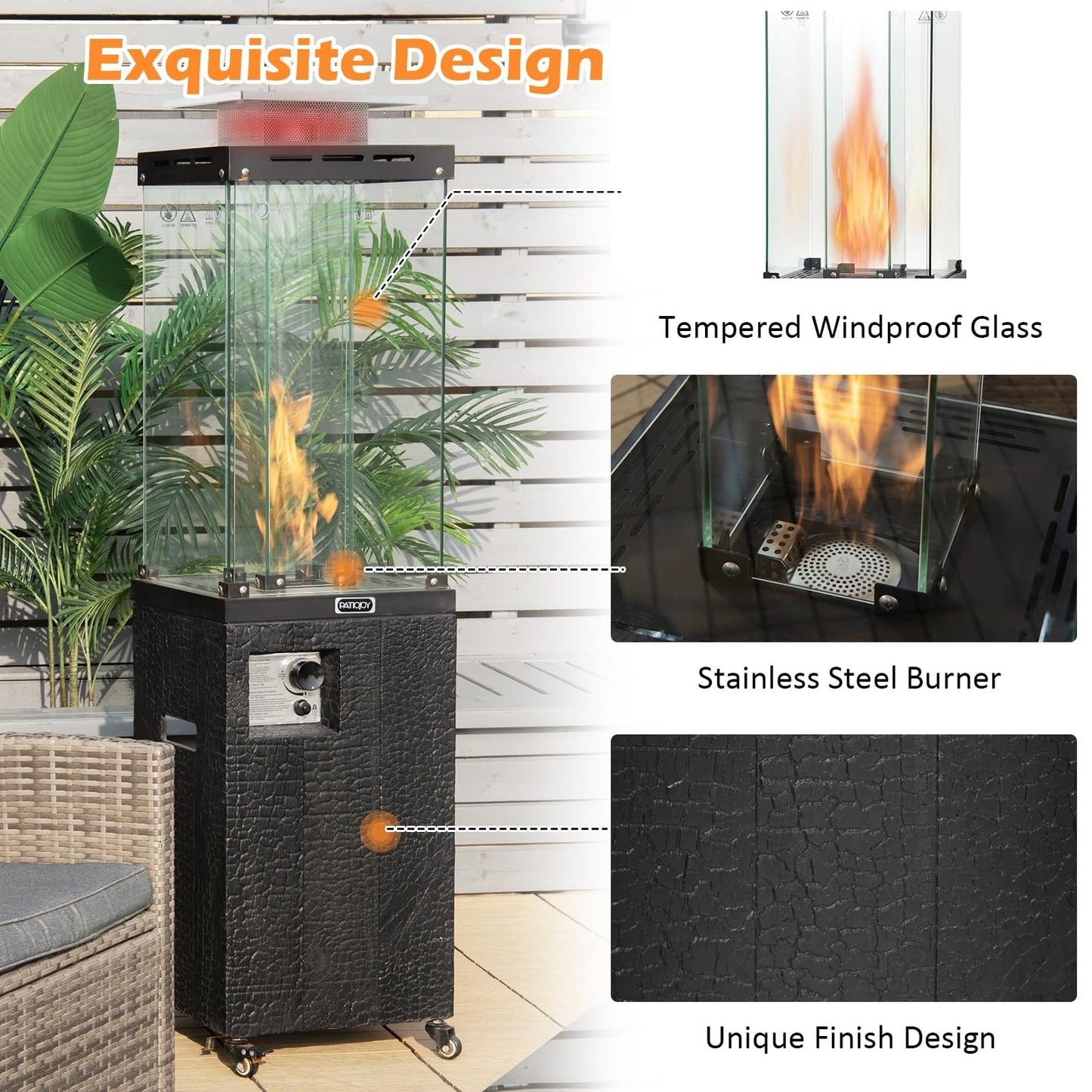 Tangkula 41,000 BTU Propane Patio Heater with Waterproof Cover, Outdoor Heater with Lockable Wheels, Adjustable Feet, Tempered Glass Tube, Suitable for Garden Porch Patio Deck (Black)